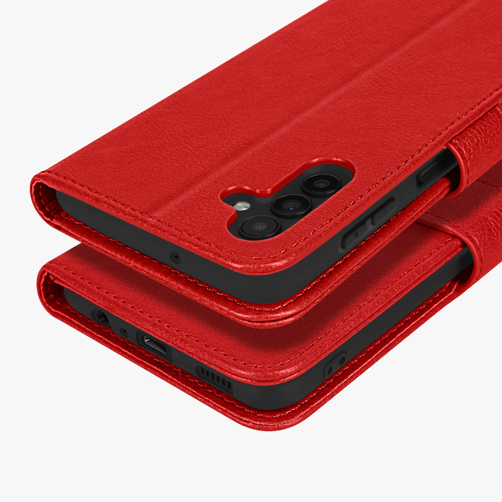 Deux étuis de téléphone rouges empilés. Les caméras supérieures sont visibles.