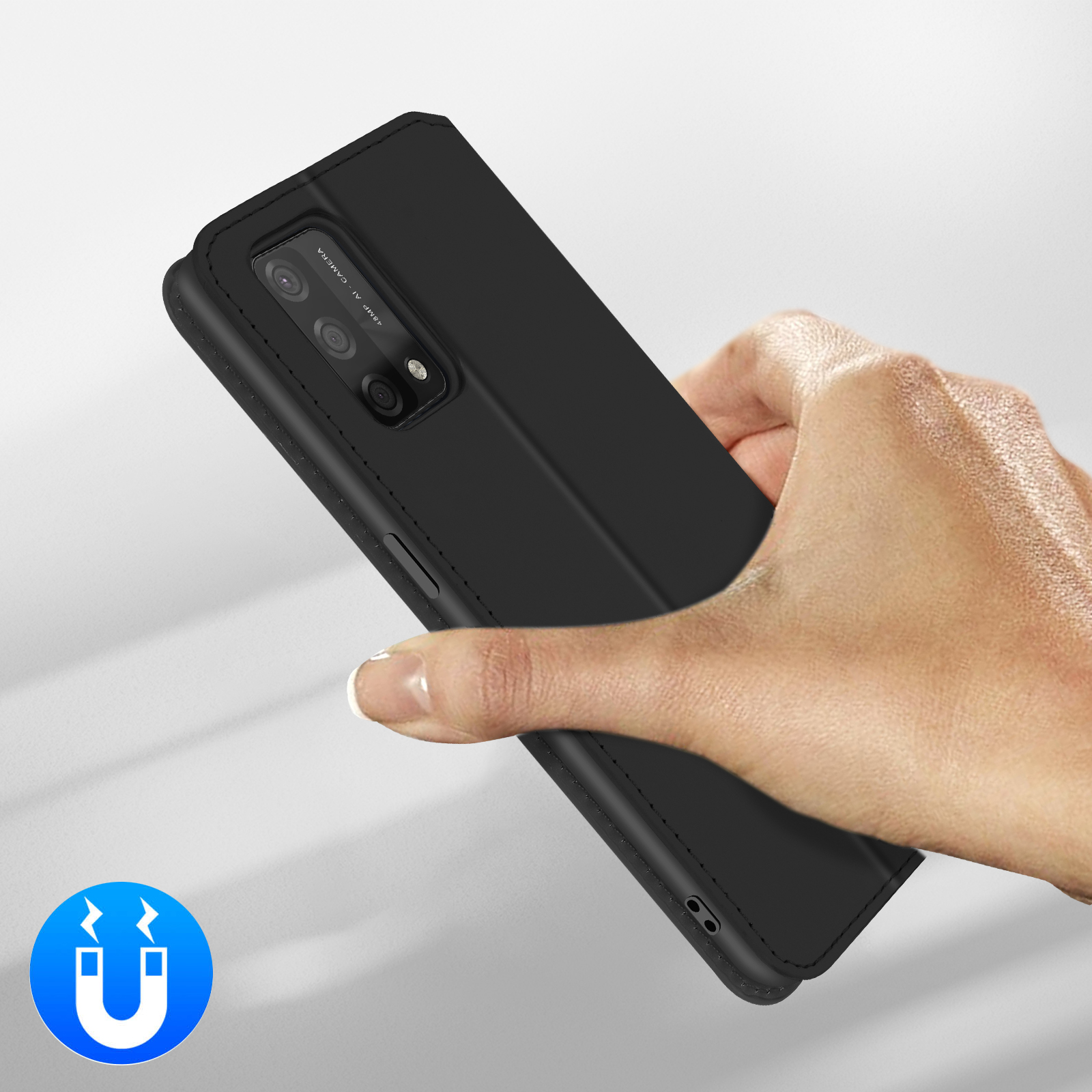 Zwarte telefoonhoes met magneeticoon. Een hand houdt de hoes vast.