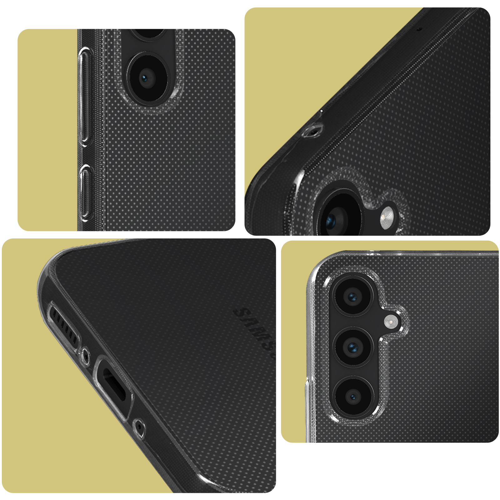 Transparante telefoonhoes met drie camera's en stippenpatroon.