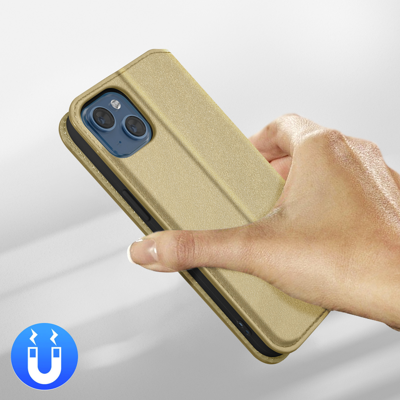 Een hand houdt een gouden telefoonhoesje met telefoon vast. Magneet-icoon.