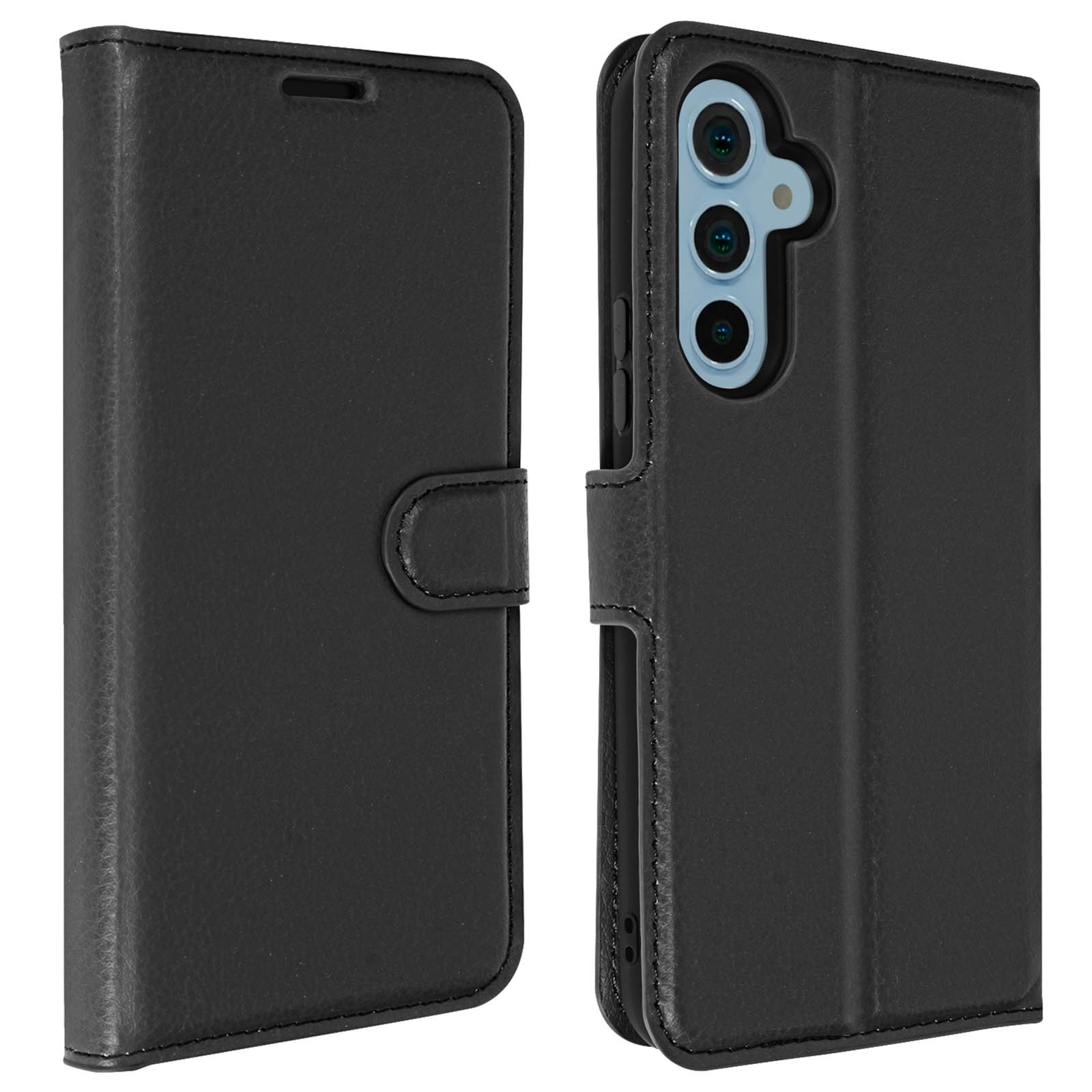 Zwarte leren telefoonhoes met drievoudige camera.