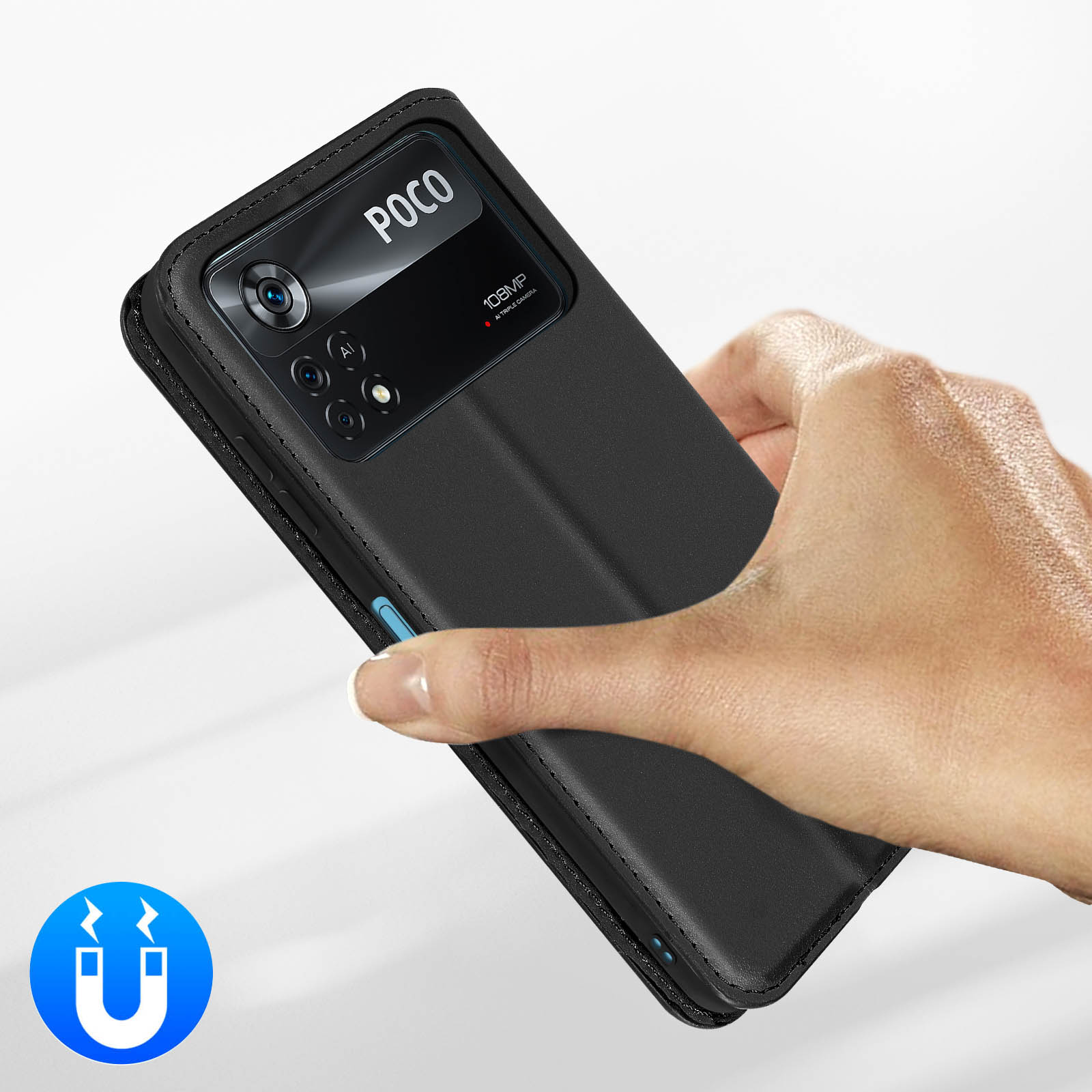 Une main tient un téléphone noir avec logo POCO et appareil photo 108MP.