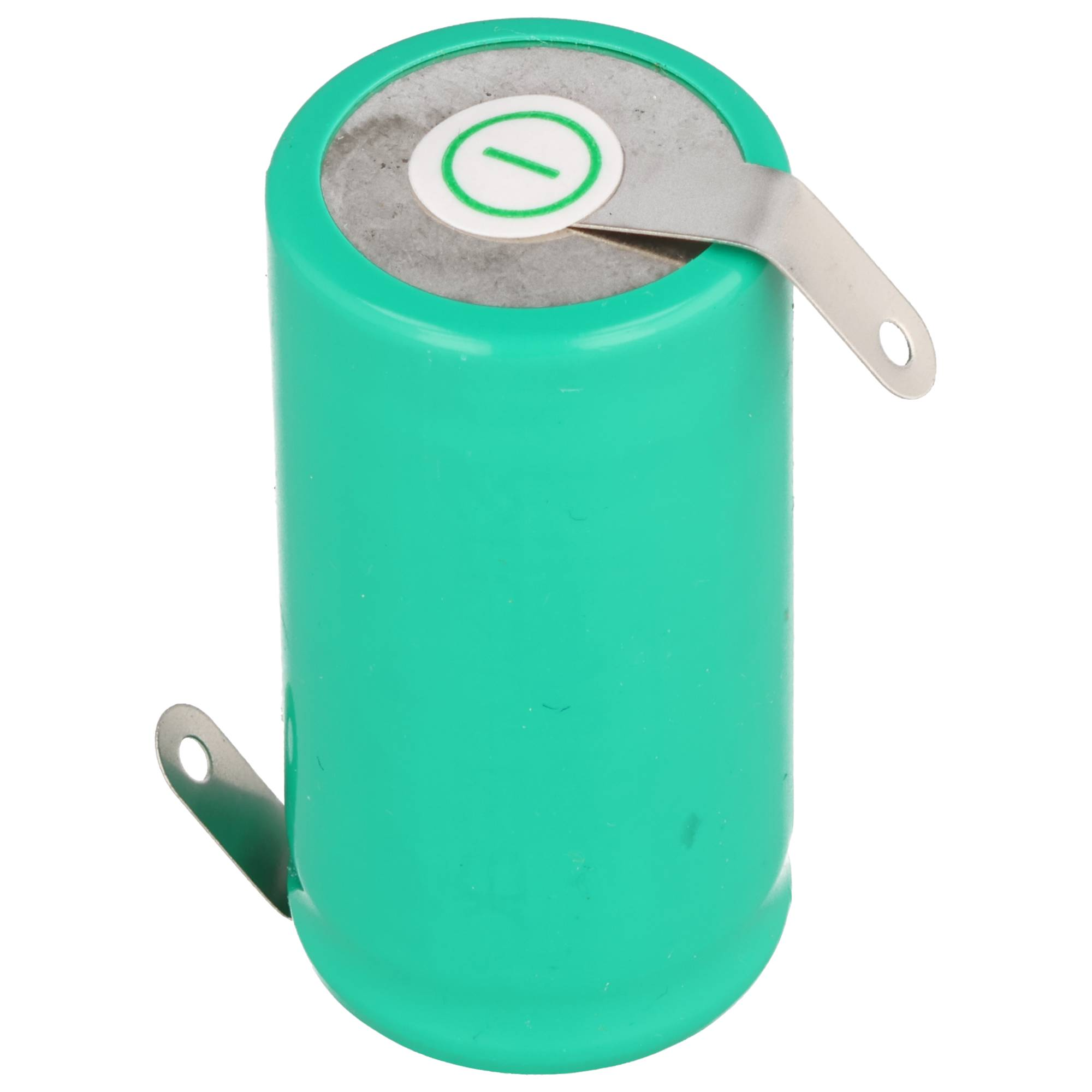 Eine grüne AA-Batterie mit zwei Metallösen und einem weißen Aufkleber mit grünem Kreis.