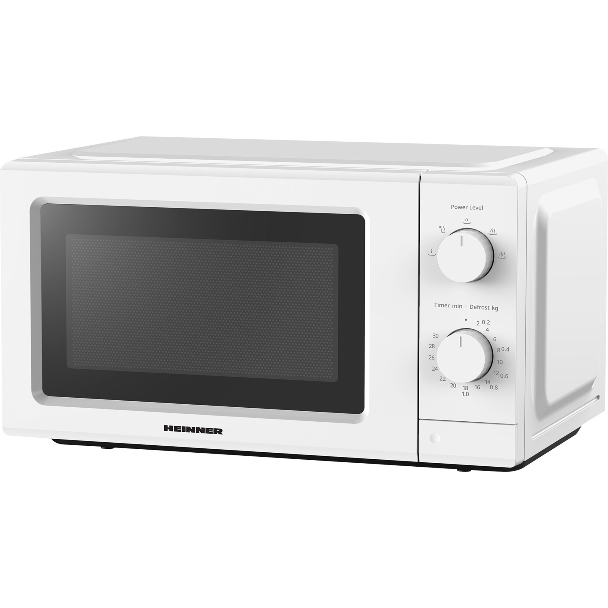 A white Heinner microwave with black controls and timer on a white background.