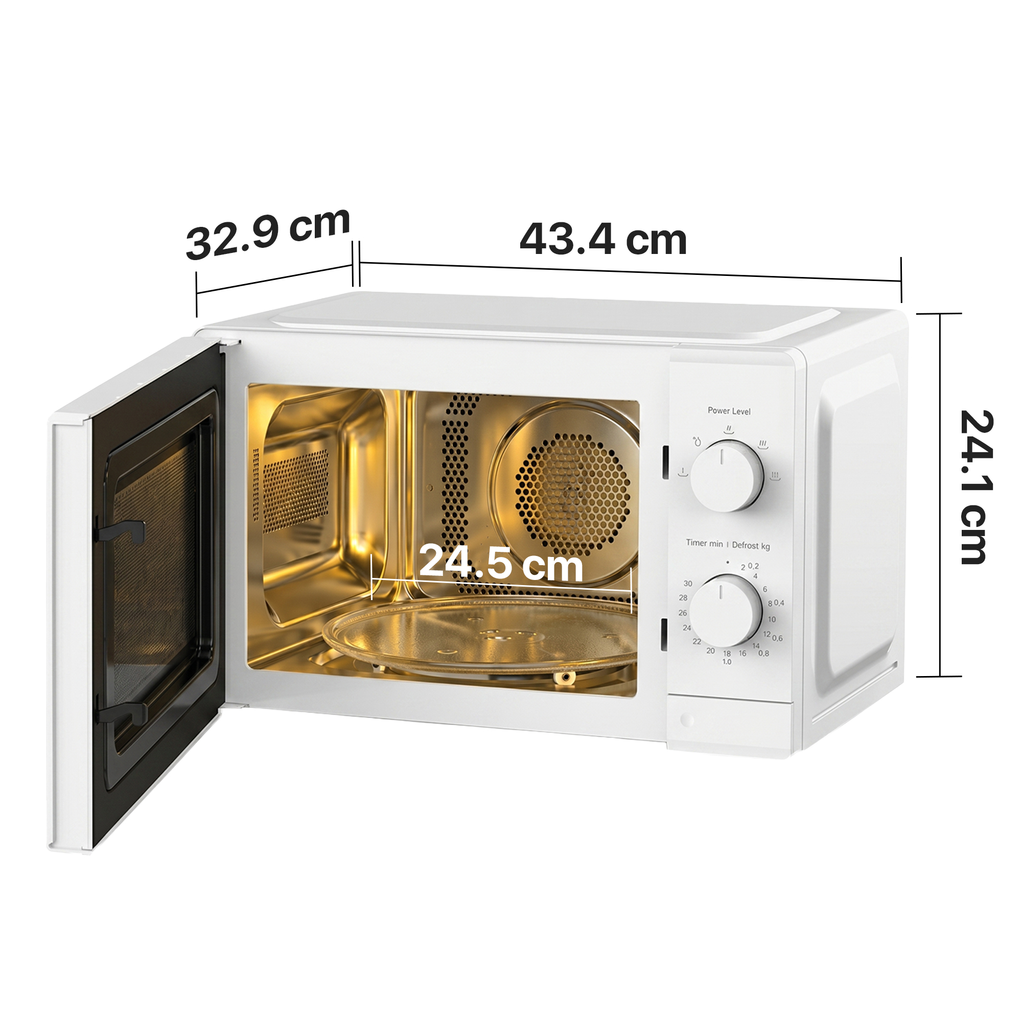 White microwave with open door, dimensions shown.