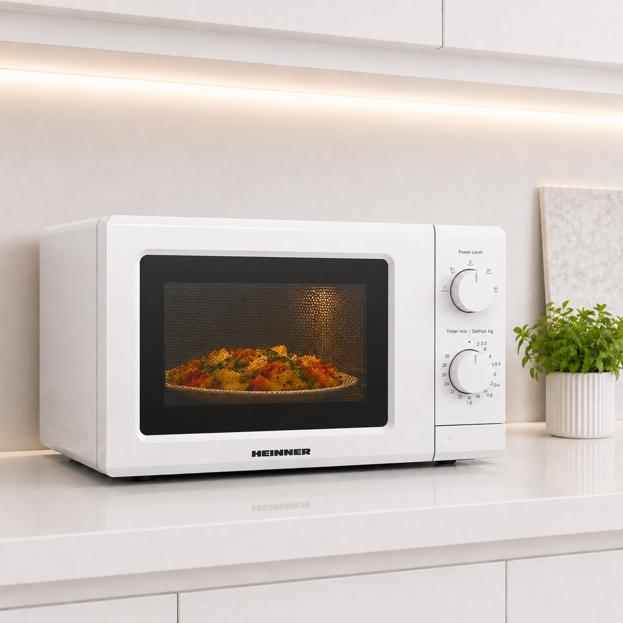 A white countertop microwave with a plate of food inside.