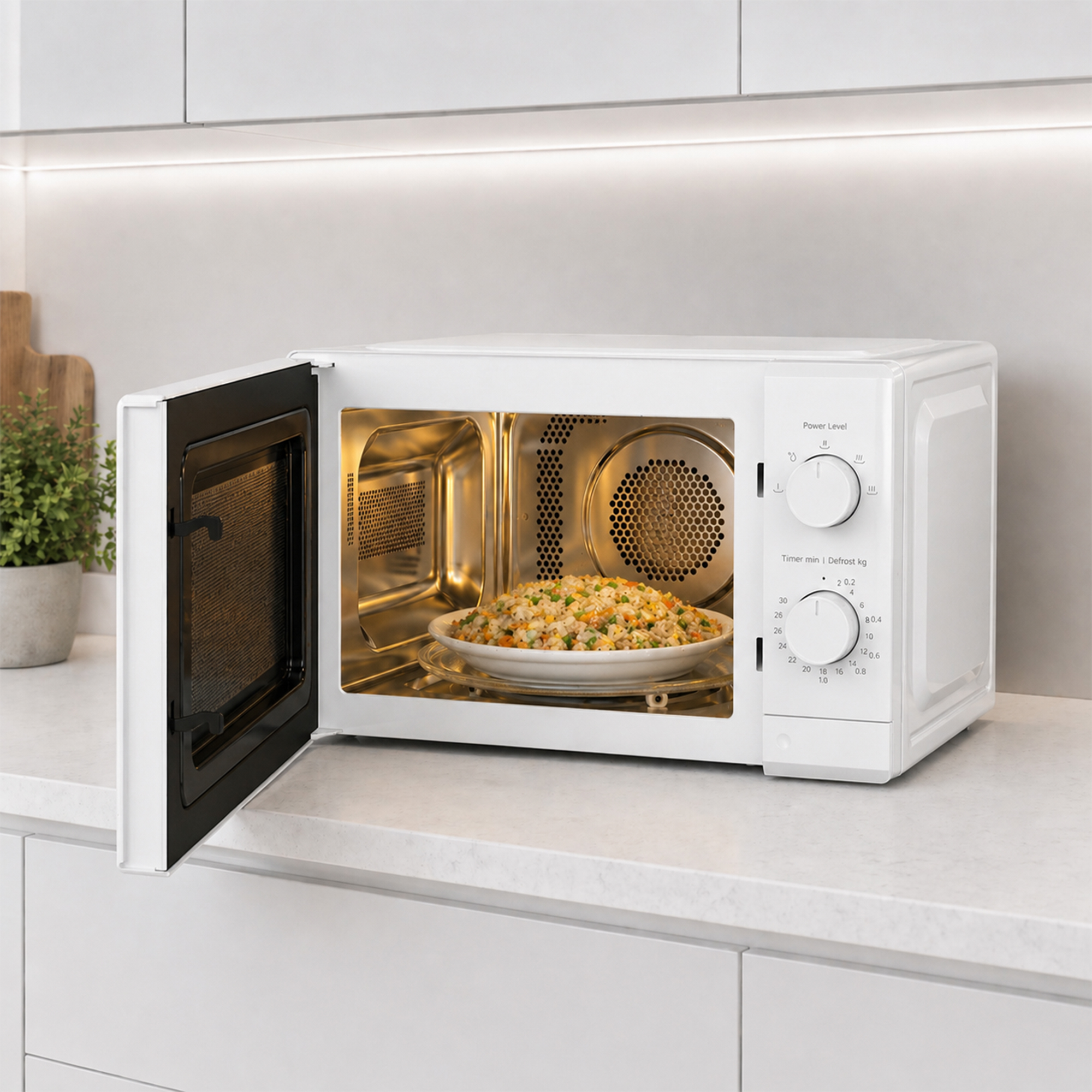 A white microwave with its door open, containing a bowl of rice and vegetables.