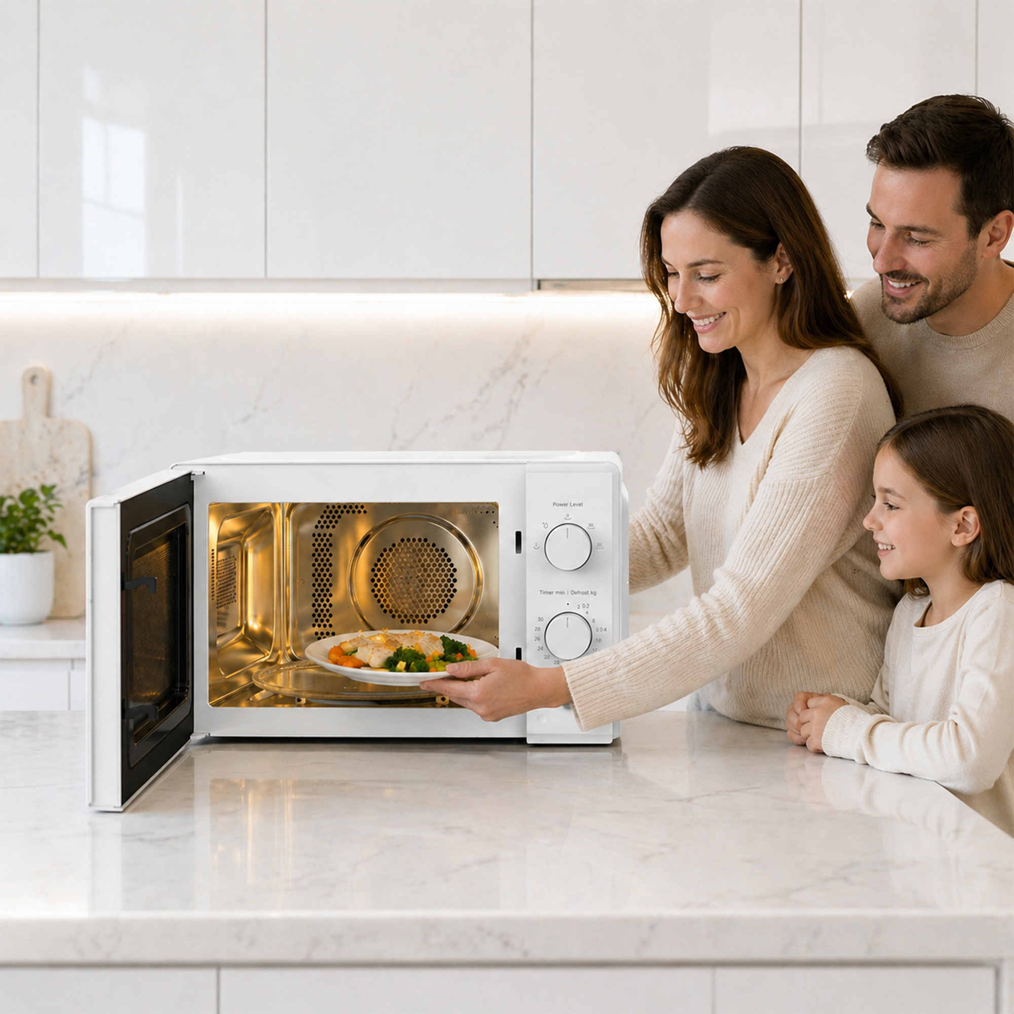 A family stands around a microwave in a modern kitchen. The woman is placing food inside.