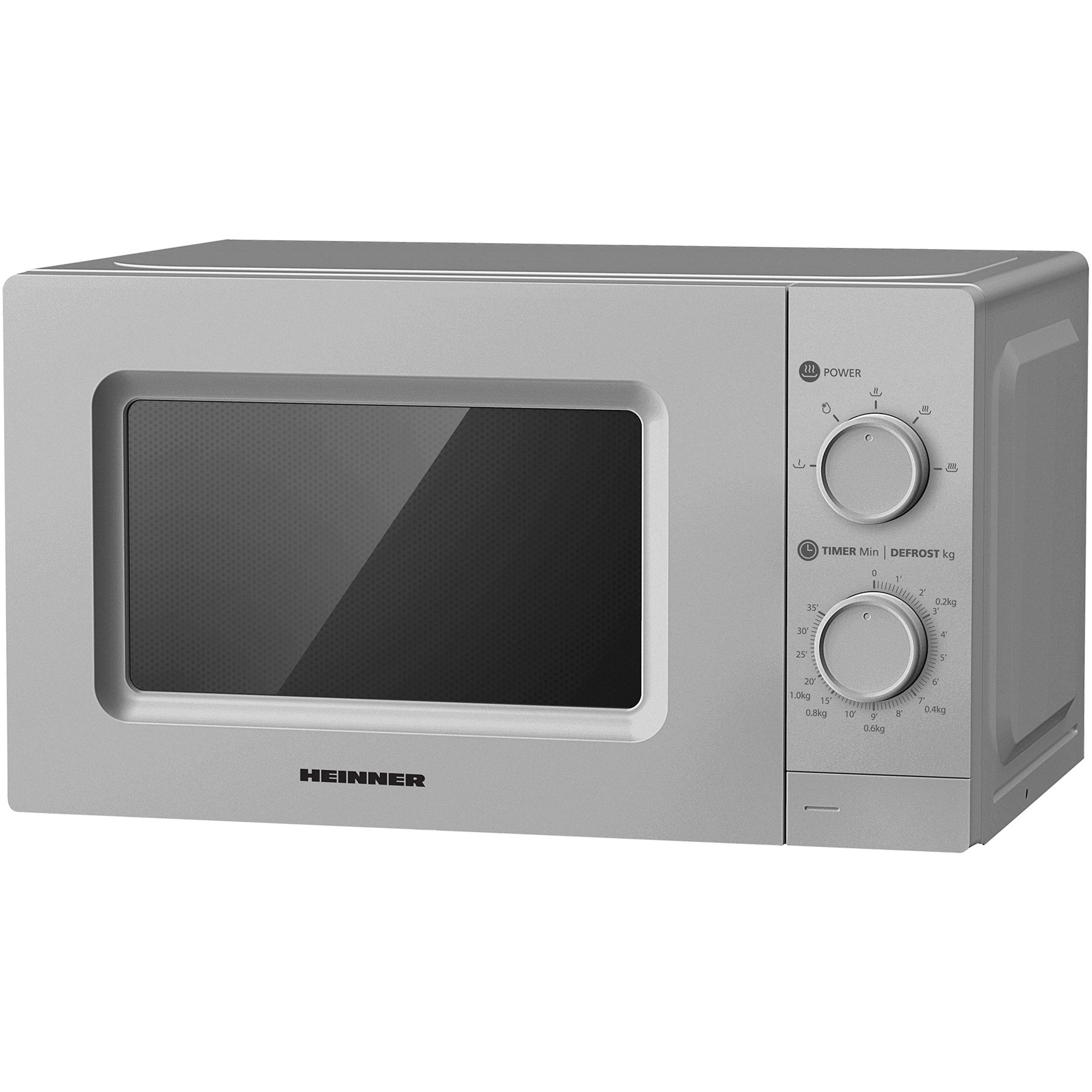 A silver Heinner microwave oven with two control knobs and a viewing window.