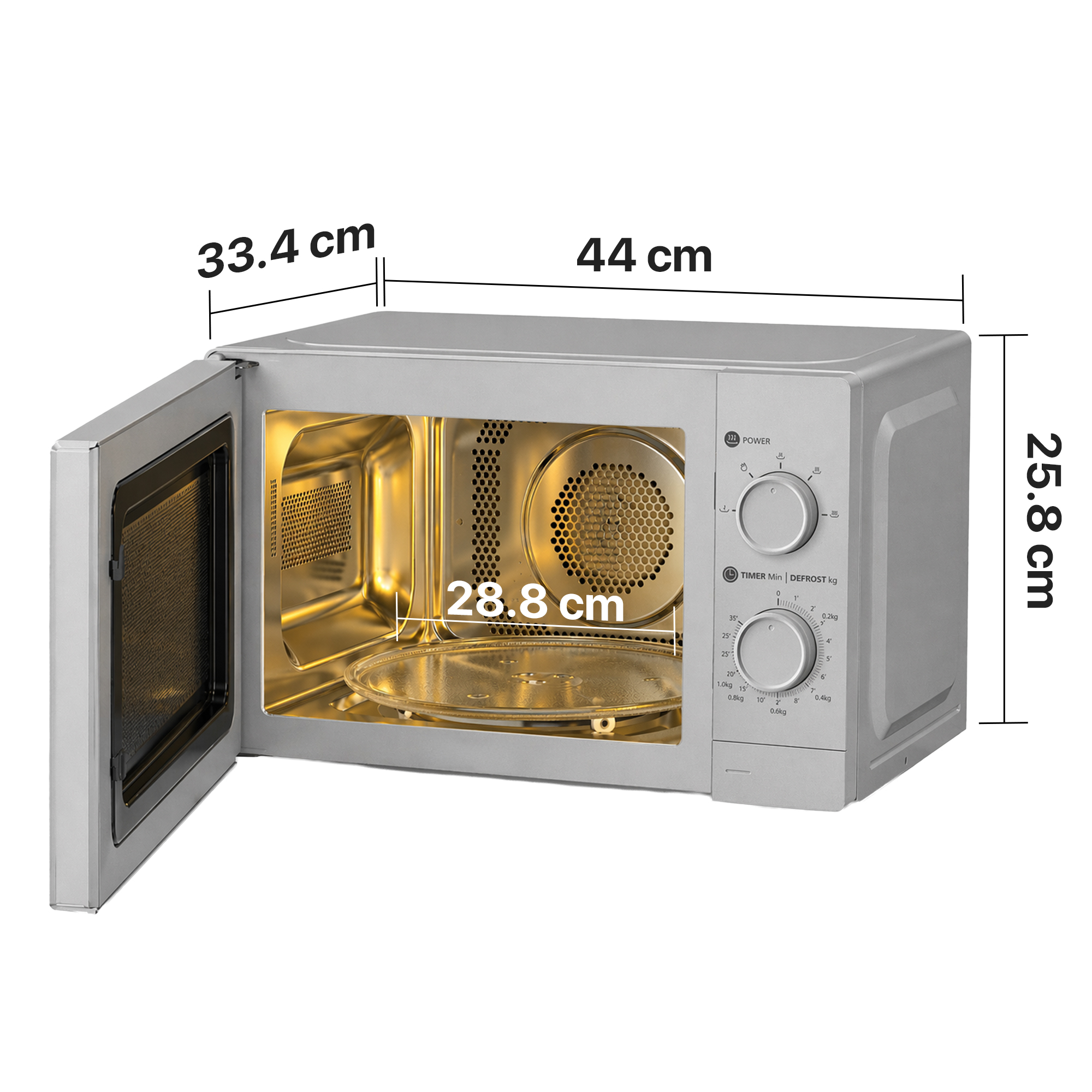 Silver microwave, open door, dimensions 44x33.4x25.8 cm, interior 28.8 cm.