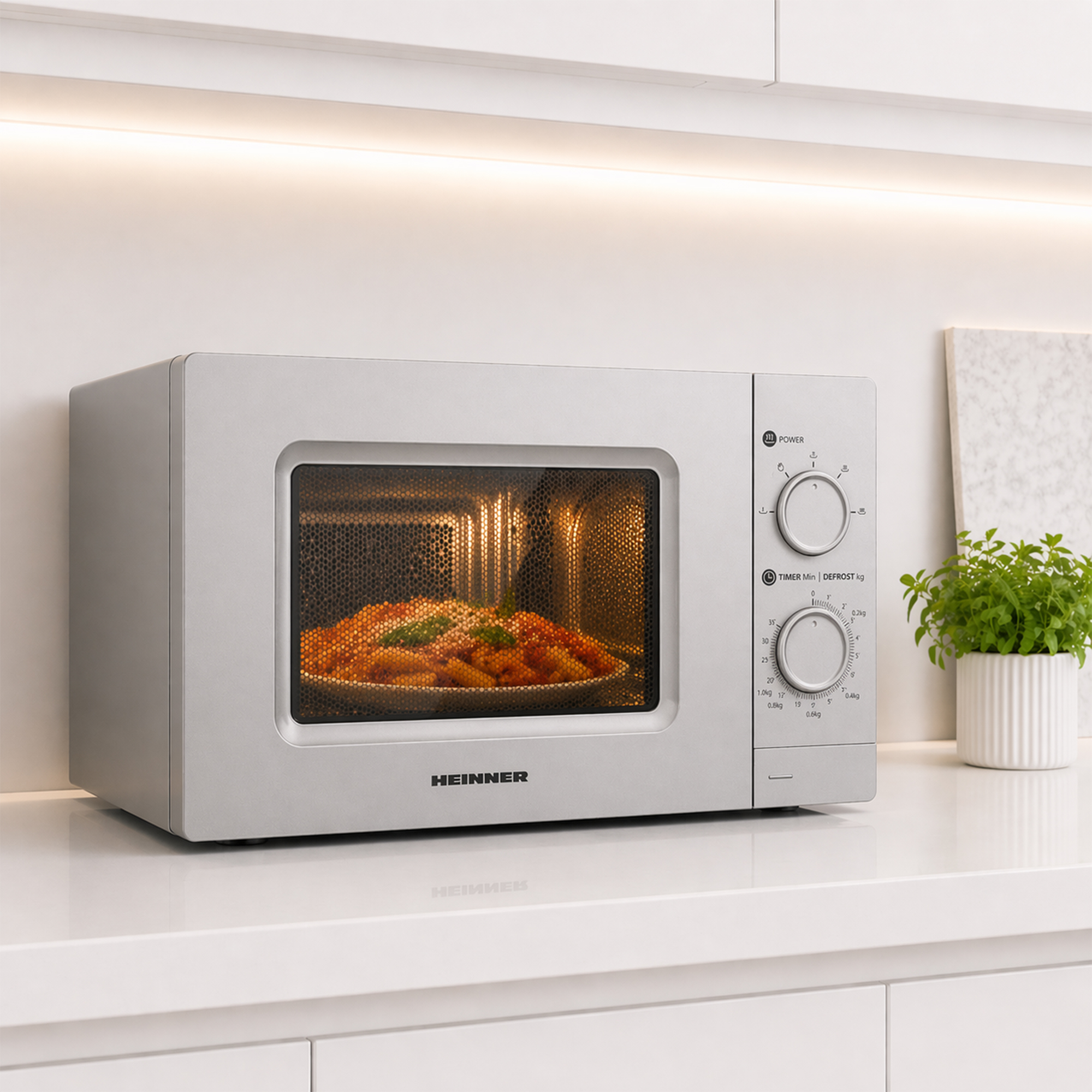 A silver HEINNER microwave oven with food inside sits on a white countertop.