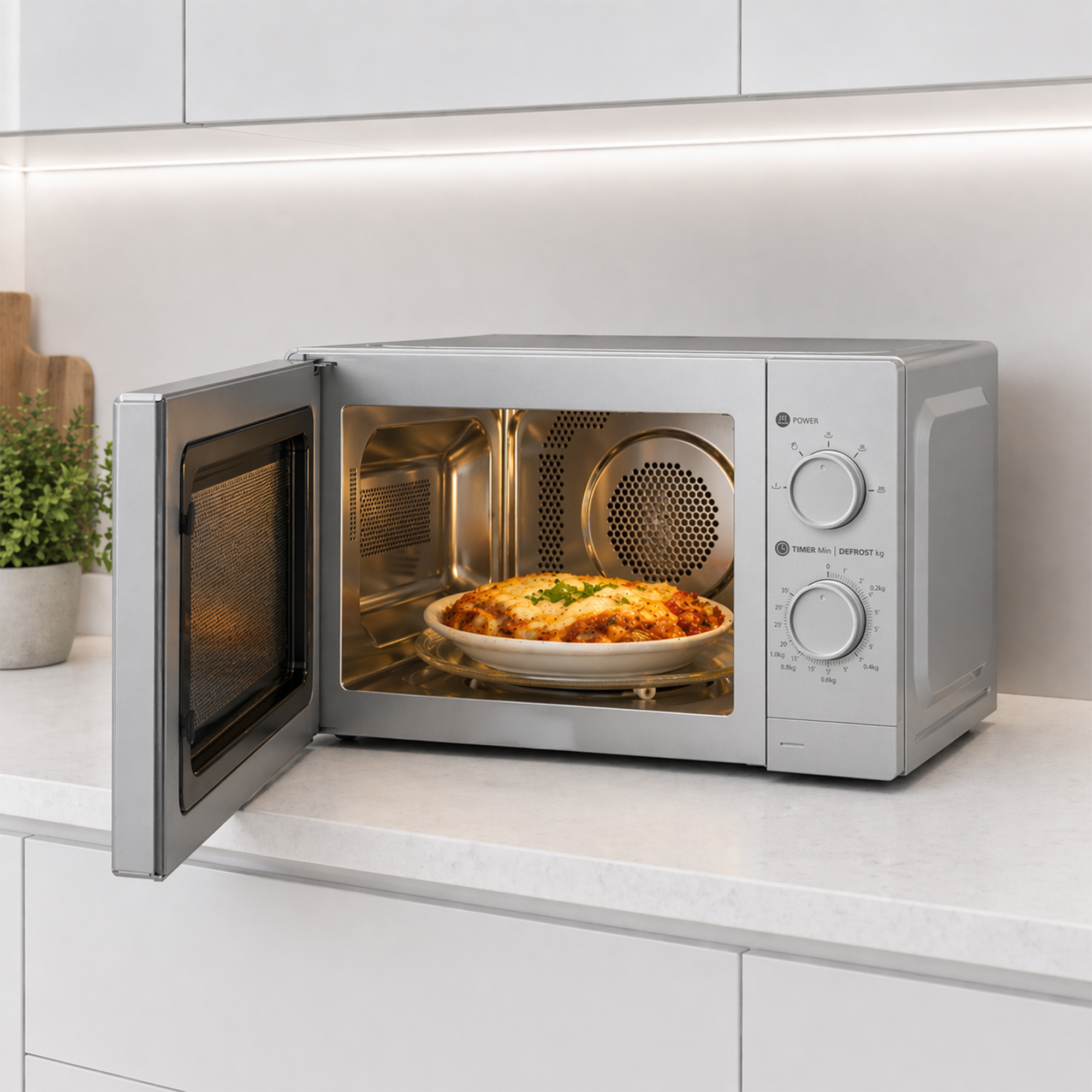 A silver microwave oven with its door open, showing a plate of lasagna inside.