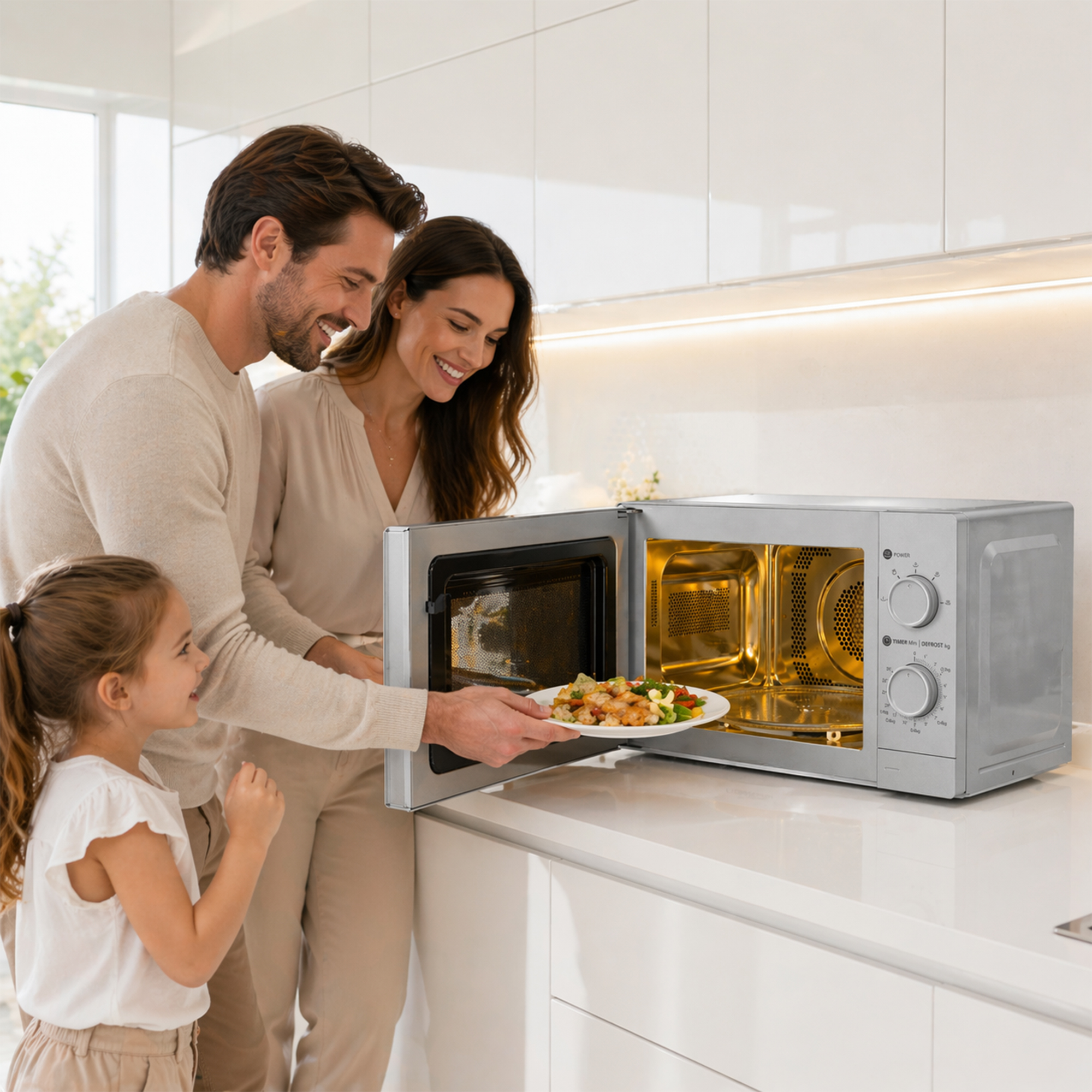 A man, woman, and child place a plate of food into a microwave.