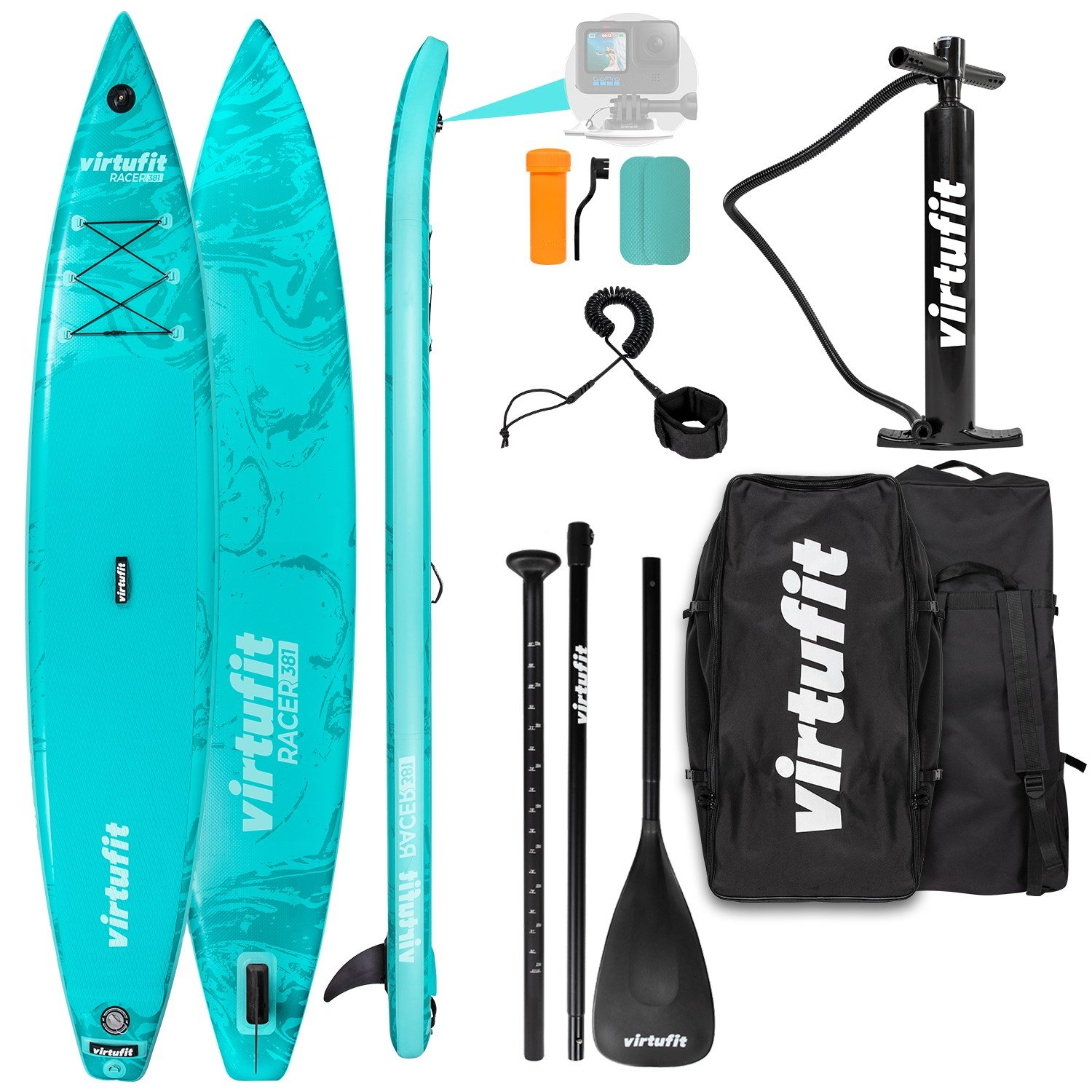 Türkisblaues SUP-Set mit Pumpe, Paddel, Tasche und Zubehör vor weißem Hintergrund.