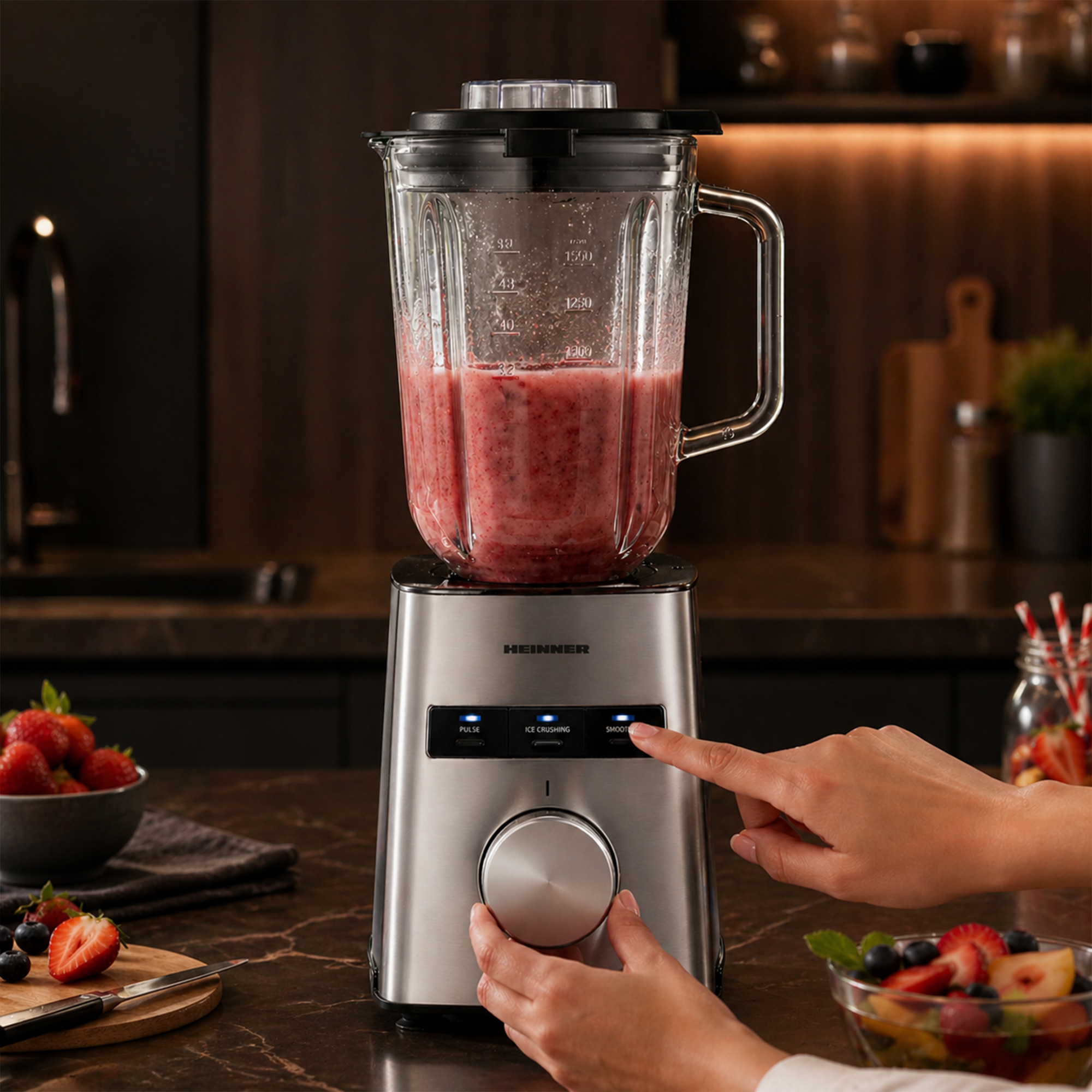Stainless steel blender with fruit smoothie and ingredients on the countertop.