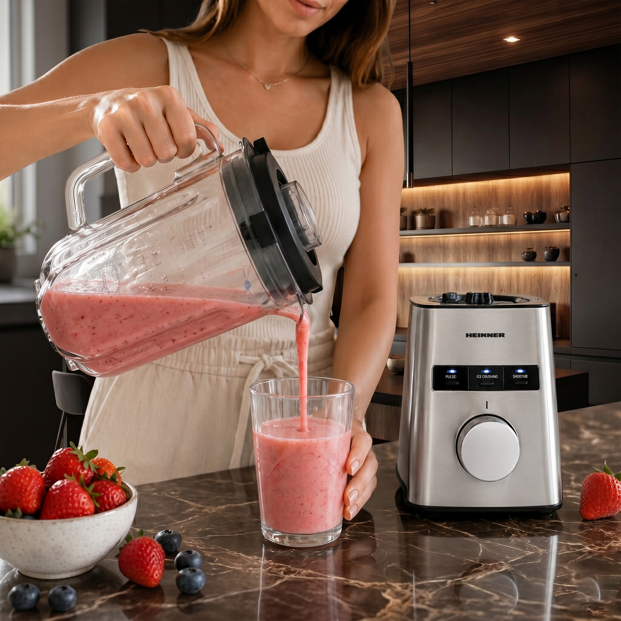 A woman pours a pink smoothie from a blender into a glass. Strawberries and blueberries are nearby.