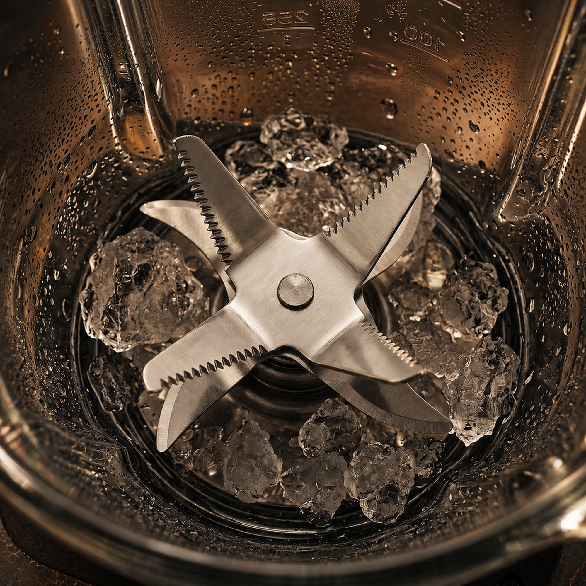Close-up of ice cubes and blades inside a blender.