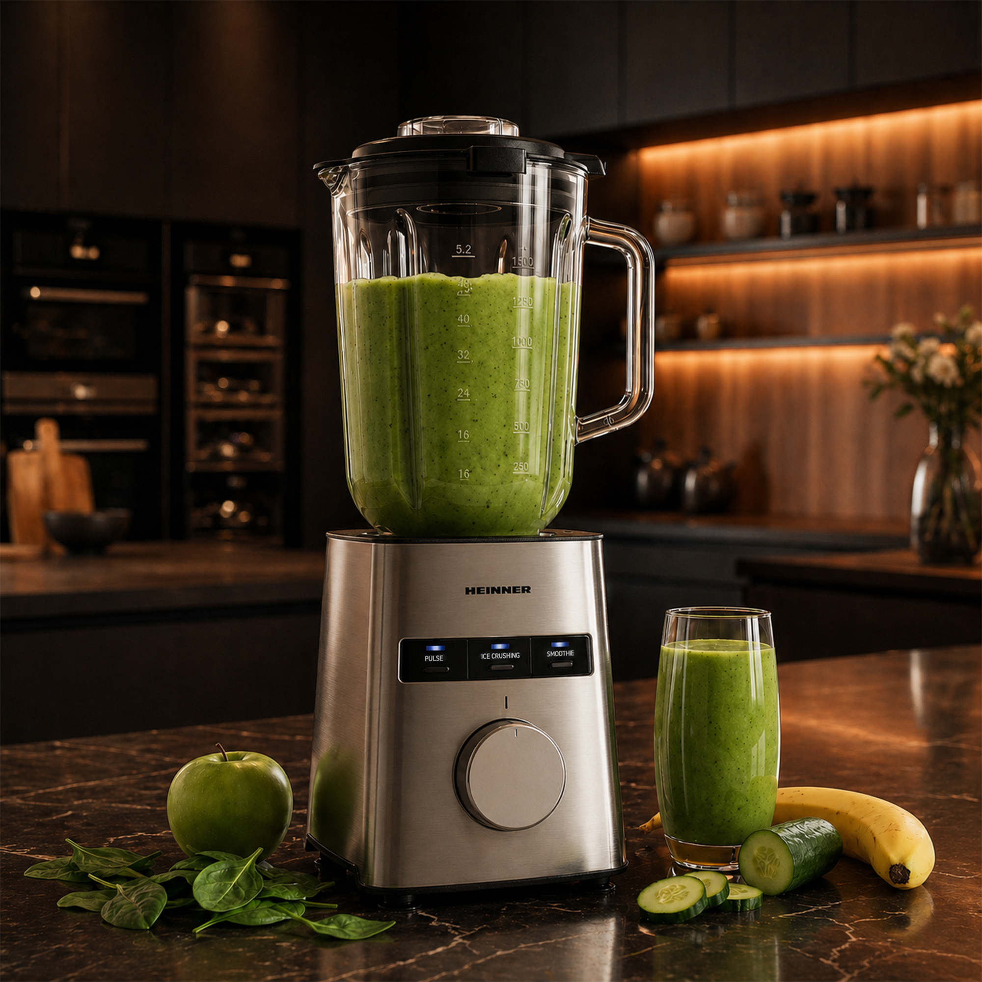 A silver blender with green smoothie, apple, spinach, banana, and cucumber.