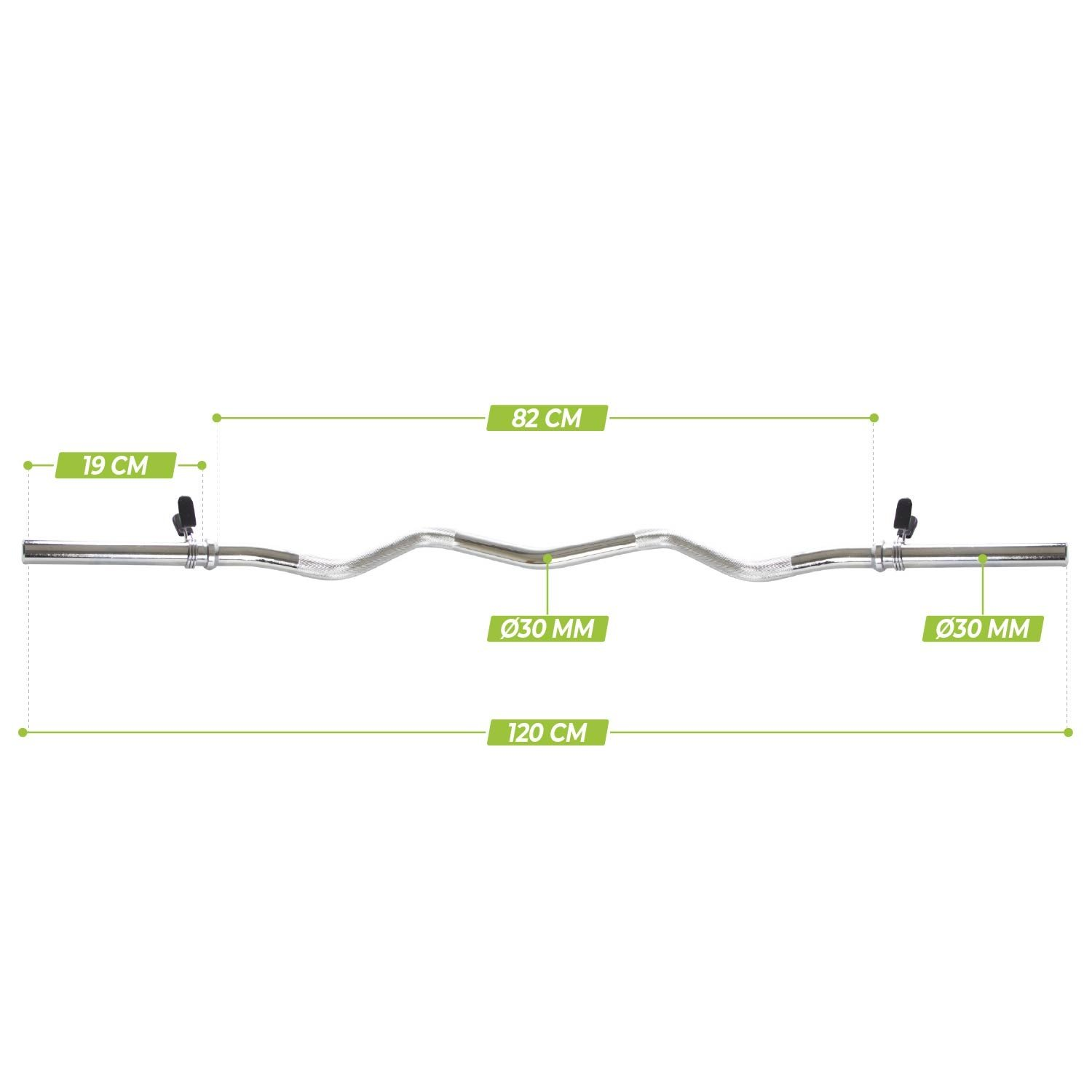 Eine silberne SZ-Hantelstange mit texturierten Griffen und Manschetten. Markiert 19cm, 82cm, 120cm, Ø30mm.