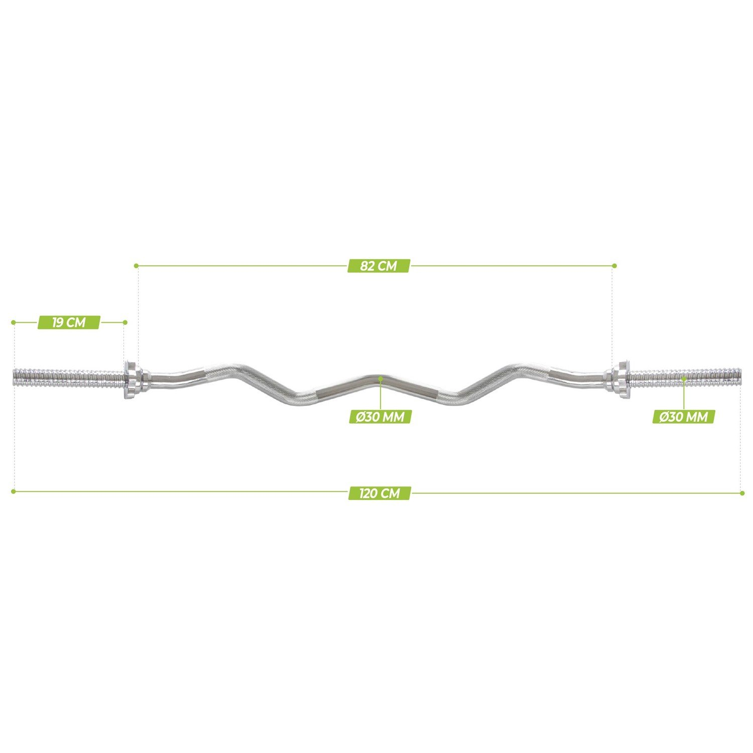 Eine silberne Curlstange mit Maßen 120 cm Länge und 30 mm Durchmesser.