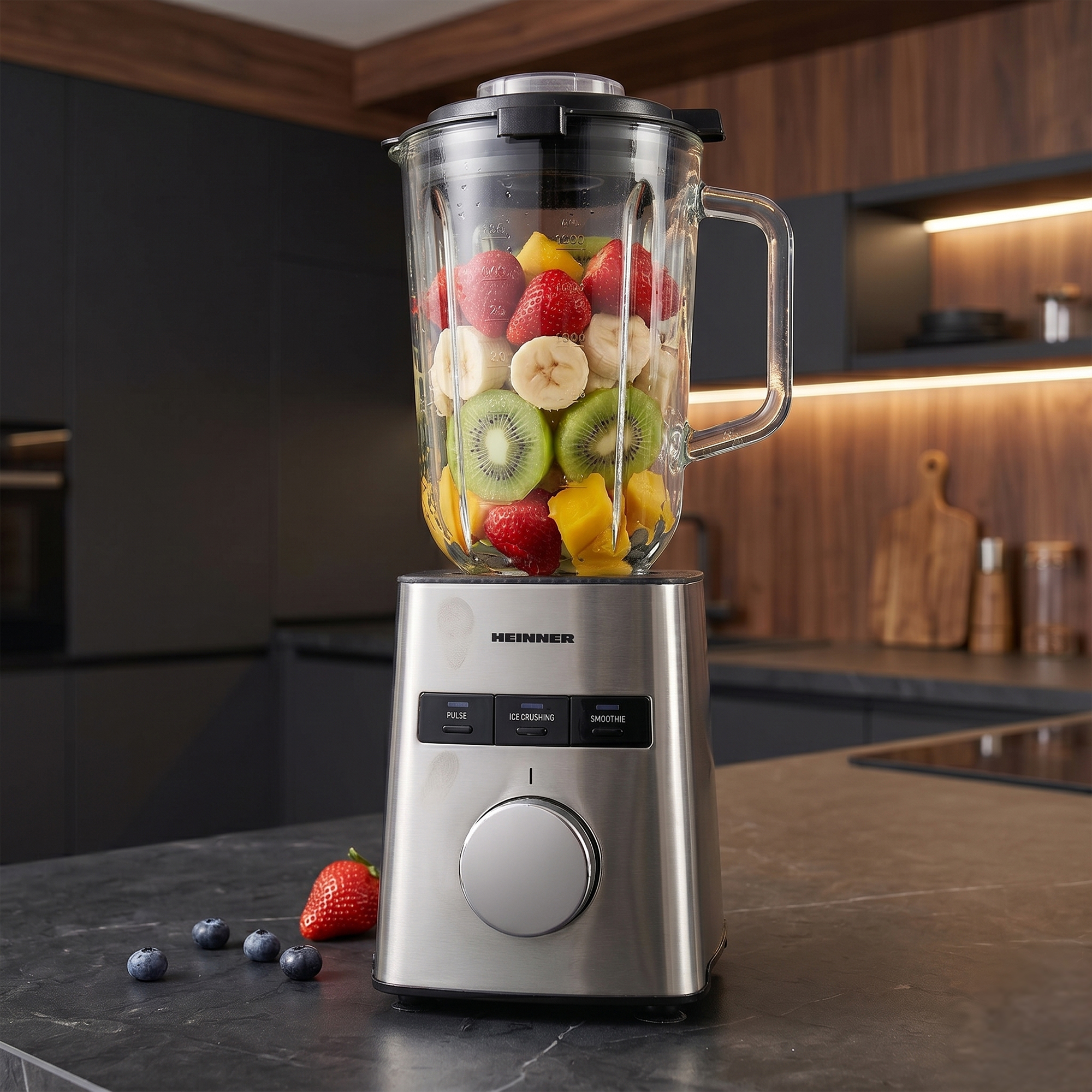 A blender filled with fruits like strawberries, bananas, kiwi, and mango, on a kitchen counter.
