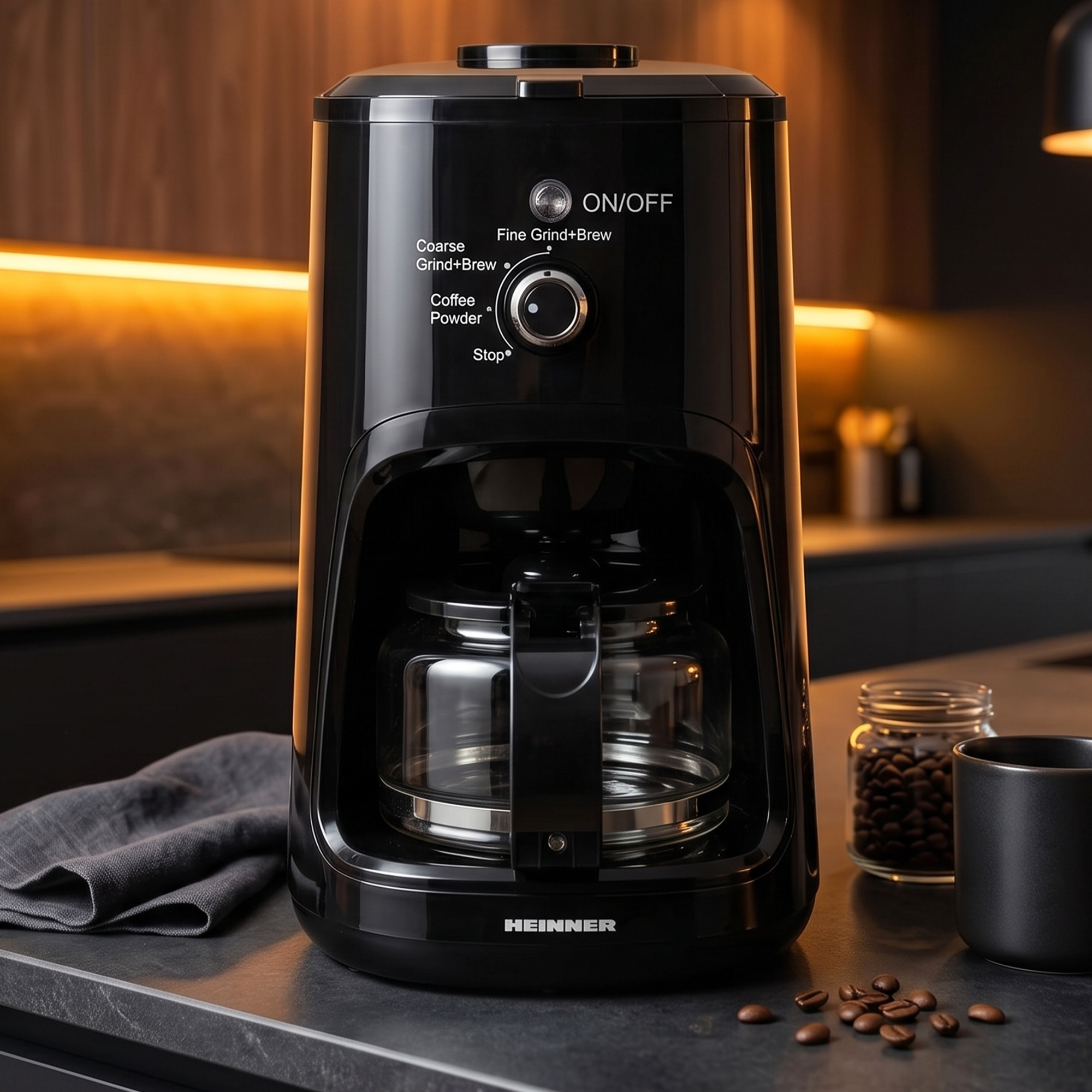 Eine schwarze Kaffeemaschine mit Glaskanne und Kaffeebohnen daneben.