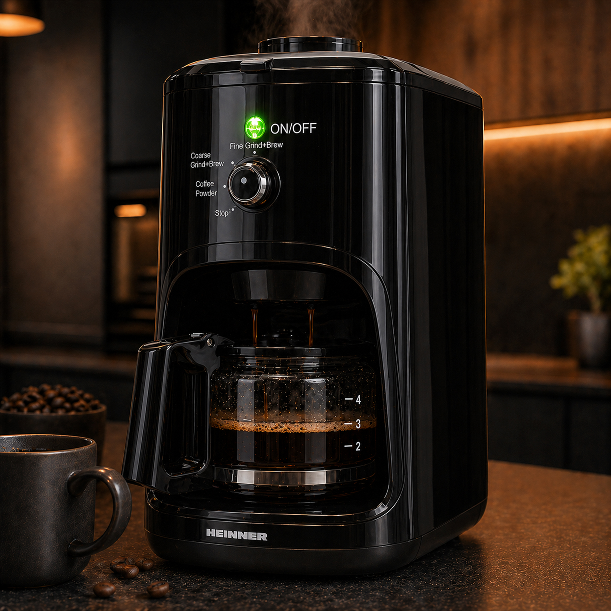 Eine schwarze Kaffeemaschine brüht Kaffee, mit einer Glaskaraffe und einer Tasse daneben.