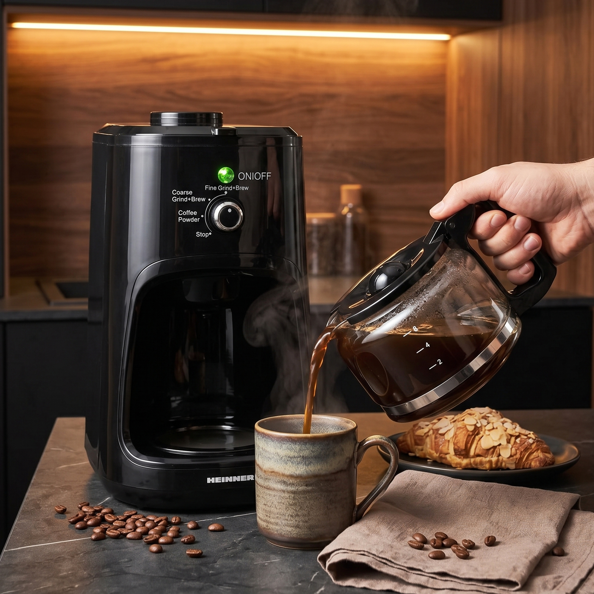Eine Hand gießt Kaffee aus einer Kanne in eine Tasse neben einer Kaffeemaschine.