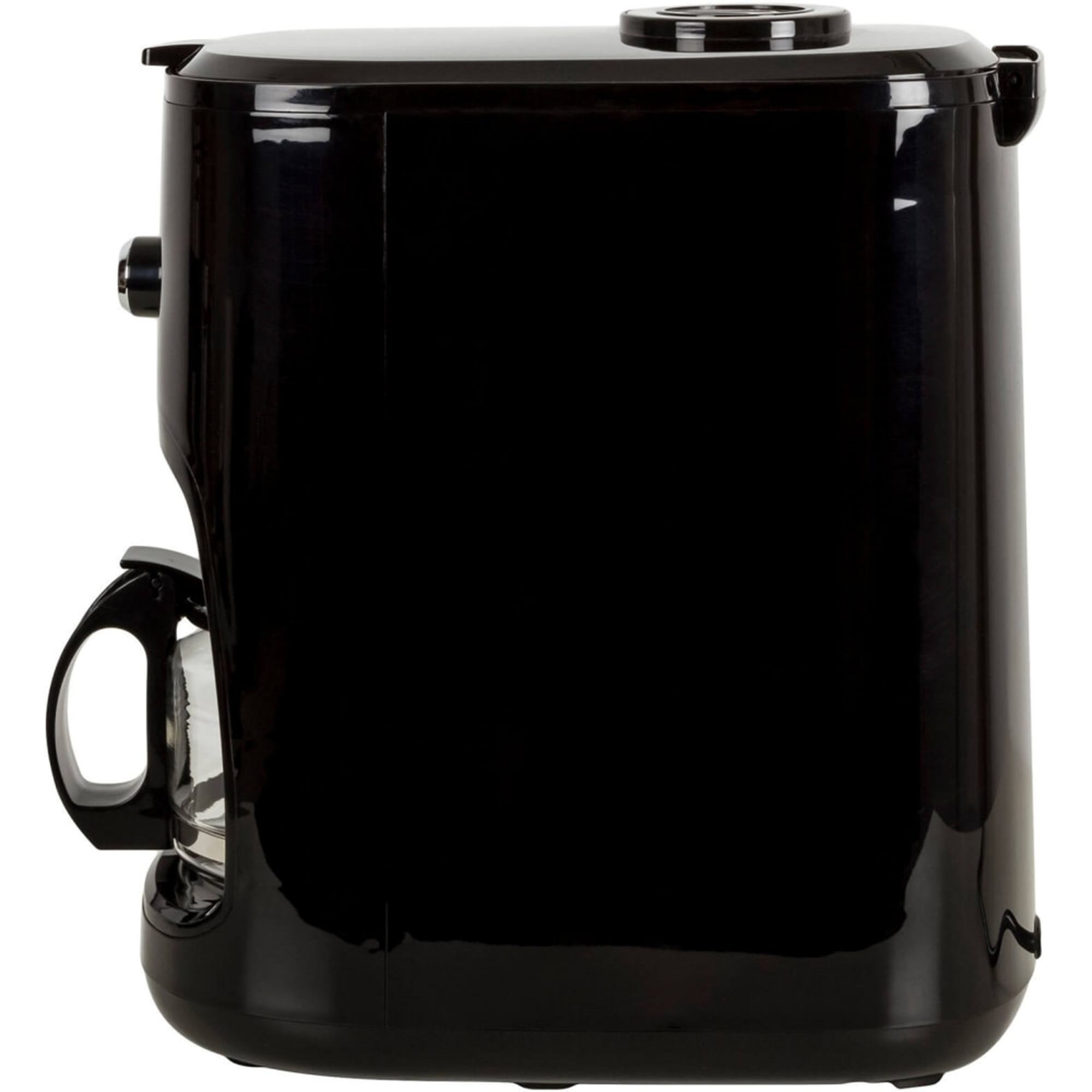 Schwarze Kaffeemaschine mit Glaskanne und schwarzem Griff, Seitenansicht.