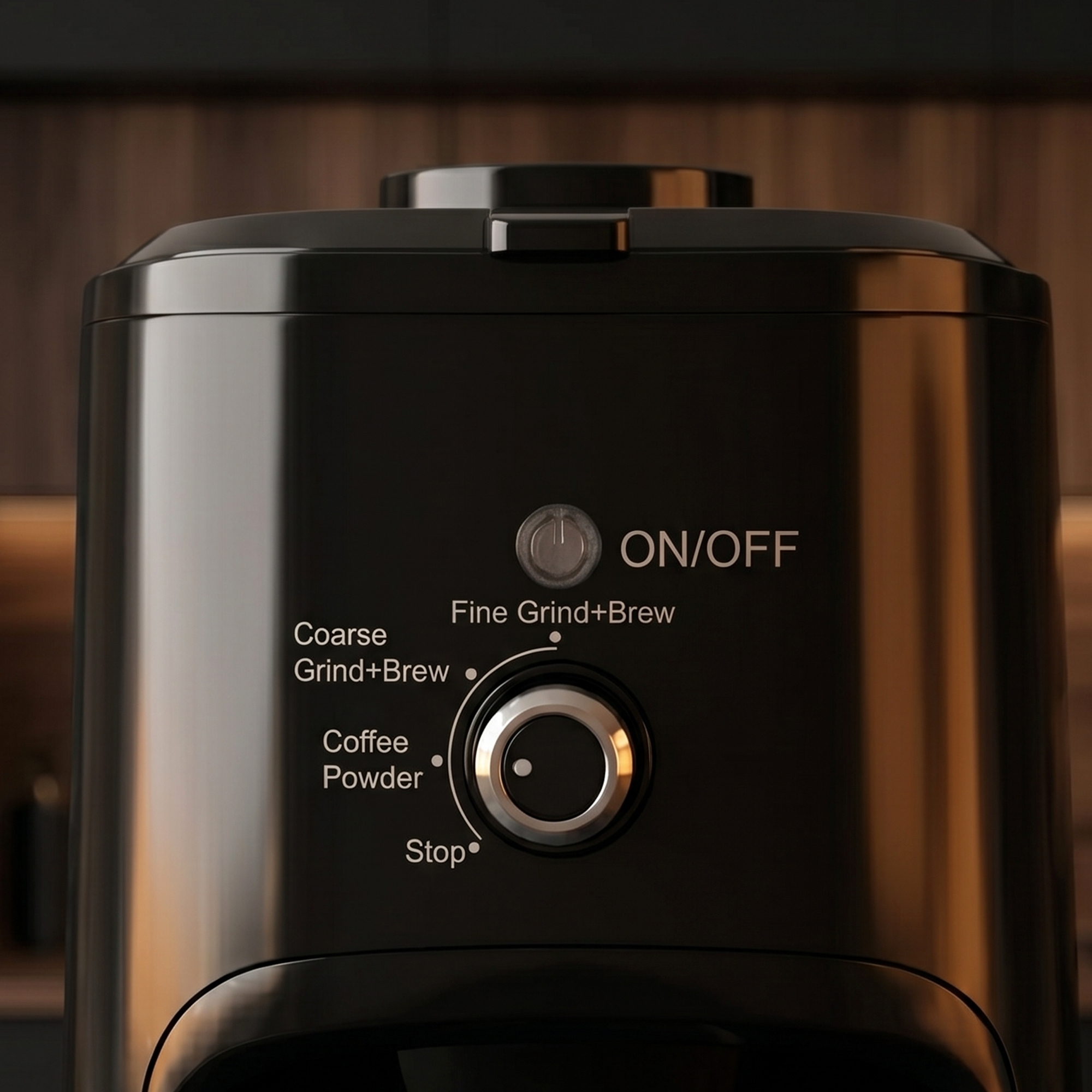 Schwarze Kaffeemaschine mit Drehknopf für Mahlgrad und Brühmodus.
