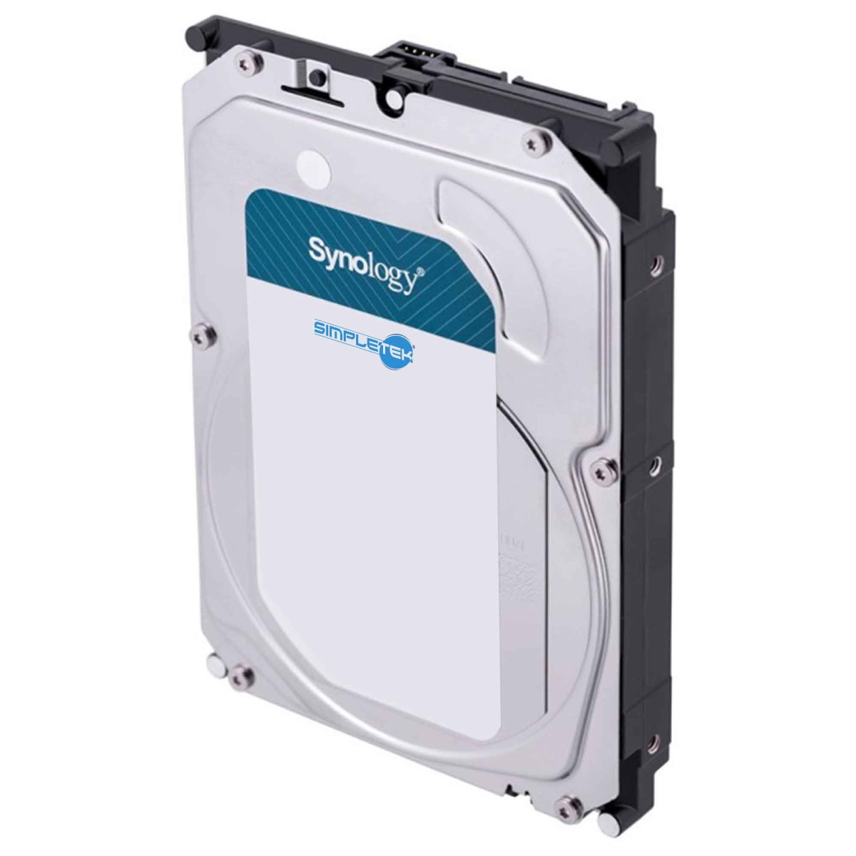 Srebrny i czarny dysk twardy Synology z etykietą.