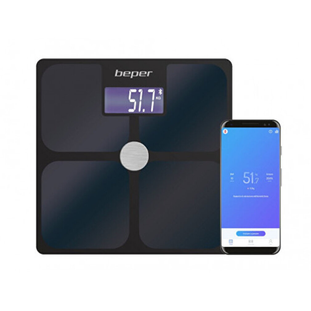 Schwarze Personenwaage mit digitaler Anzeige von 51,7 kg neben einem Smartphone.