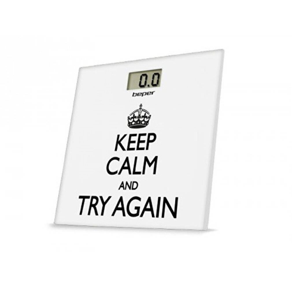Bilancia bianca con testo: KEEP CALM AND TRY AGAIN. Display digitale mostra 0.0.