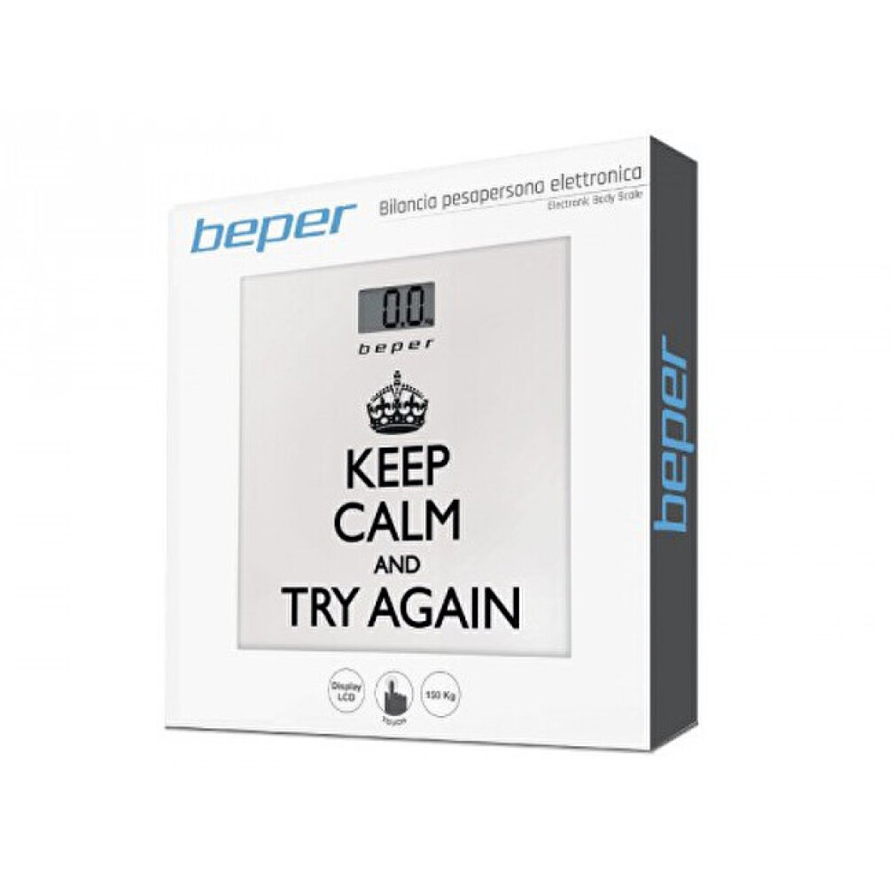 Scatola bianca per bilancia pesapersone con testo "Keep Calm and Try Again".