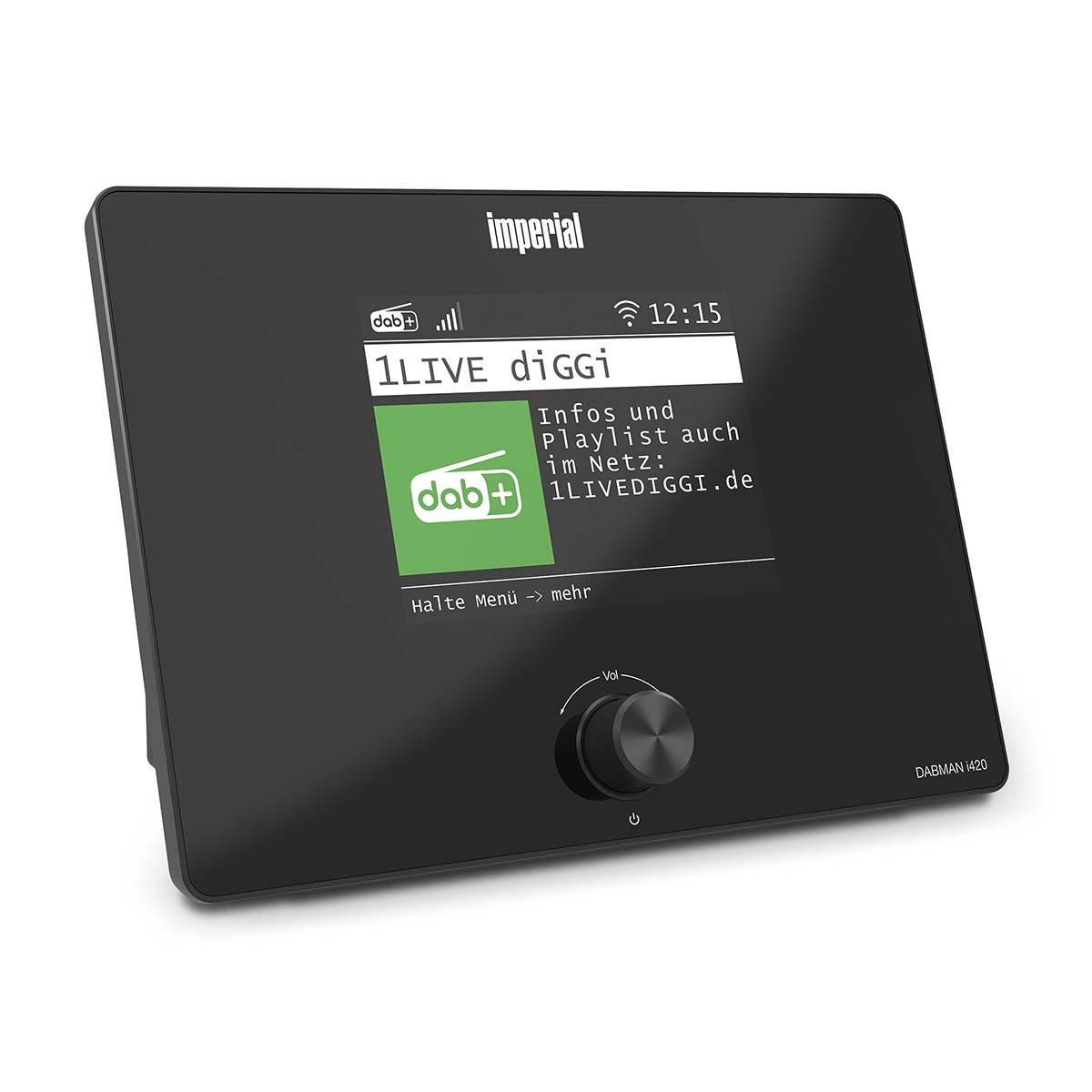Ein schwarzer Imperial DABMAN 1420 Digitalradio mit Display, das 1LIVE diggi anzeigt.