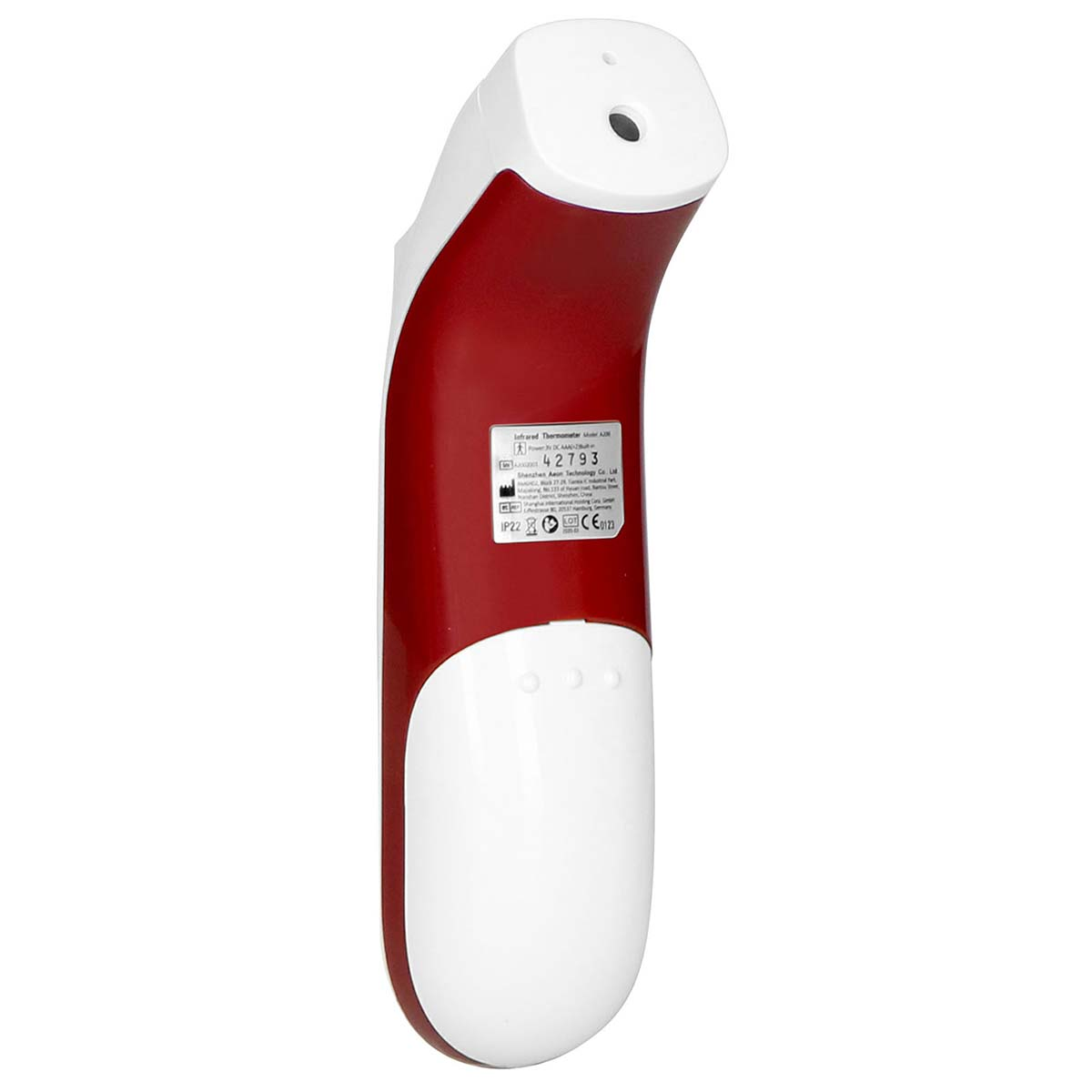 Ein rotes und weißes Infrarot-Thermometer mit Aufkleber