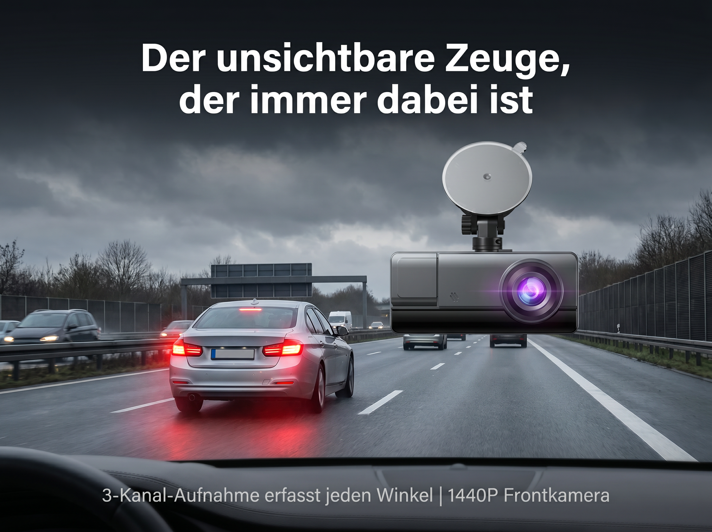 Dashcam auf Autobahn bei Regen, mit deutschen Text.
