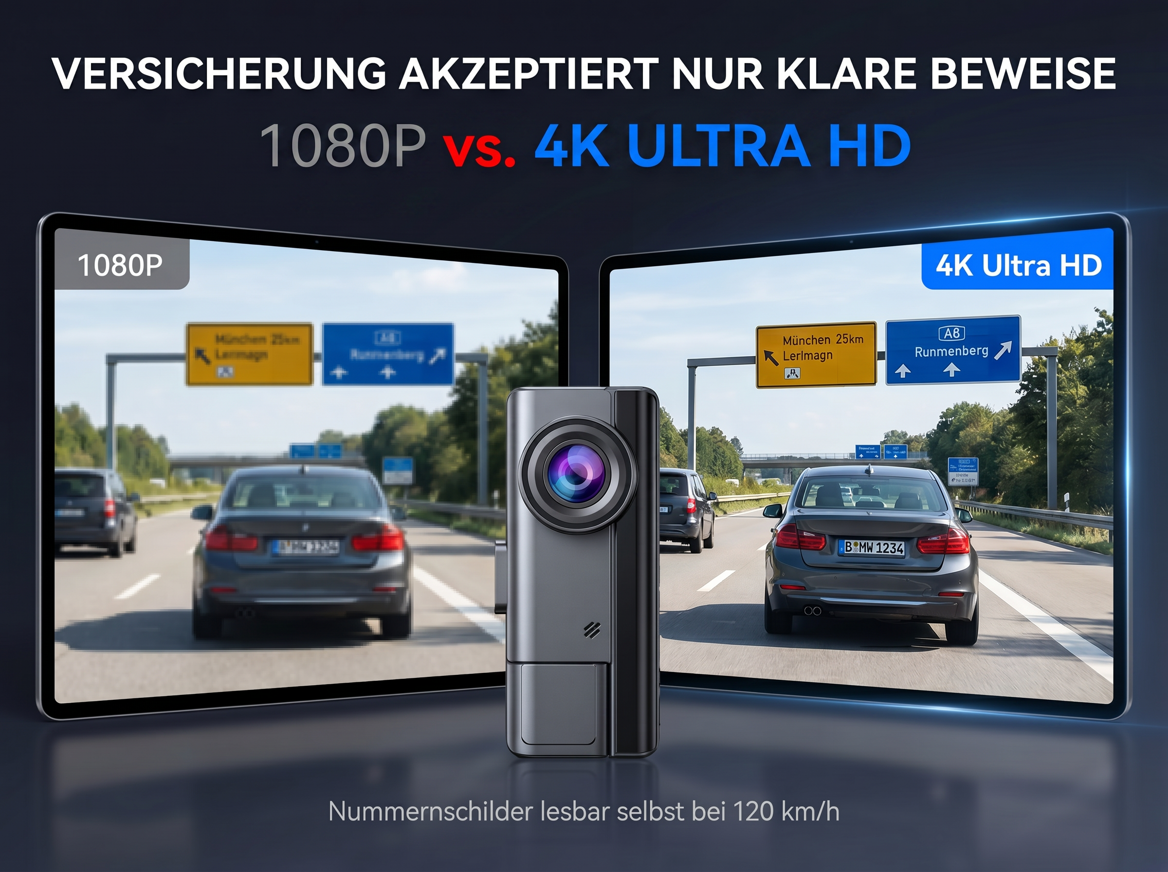 Autokamera zeigt Autobahn mit Schildern. Links 1080P, rechts 4K. Autos fahren.