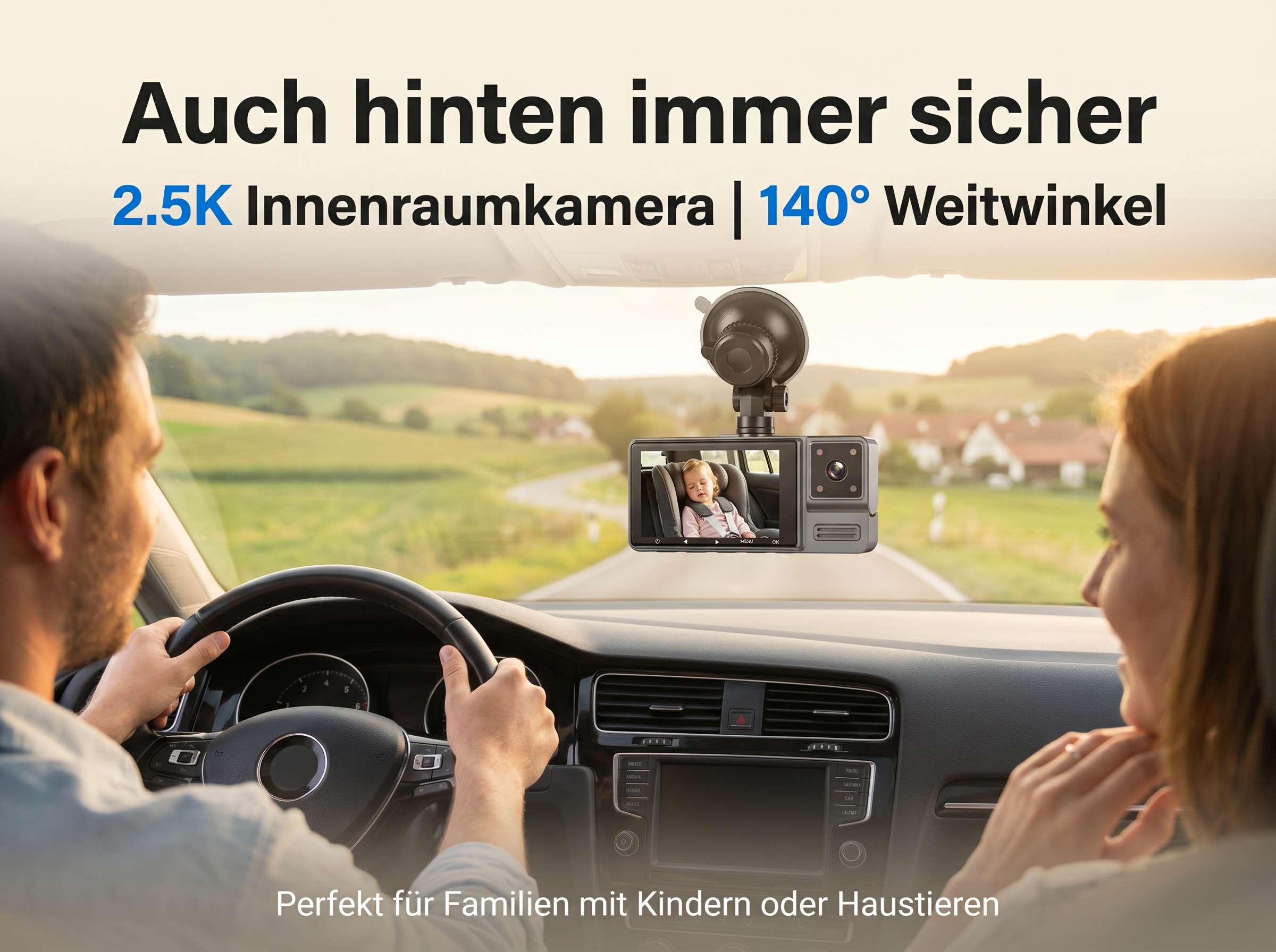 Innenansicht eines Autos mit einer Dashcam, die ein schlafendes Kind zeigt.