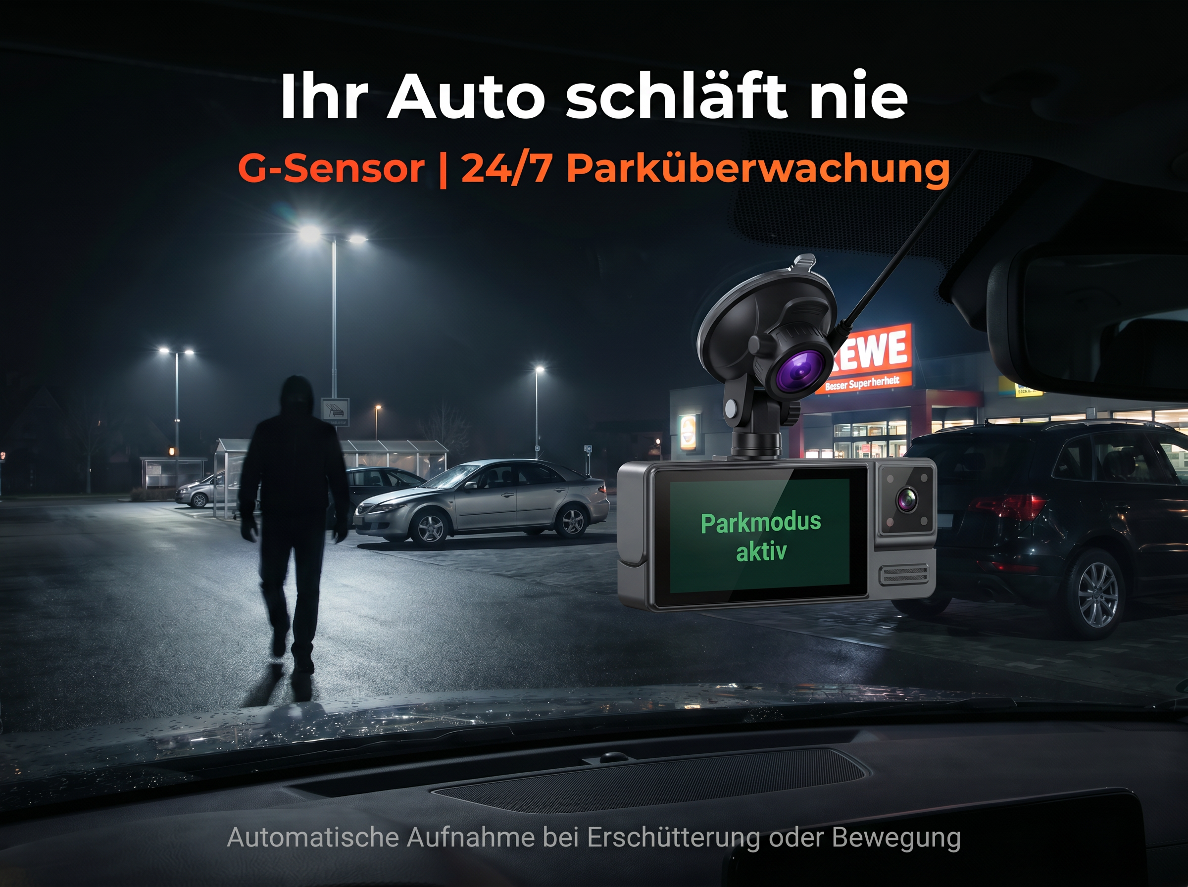 Ein Mann geht nachts auf einem Parkplatz, eine Dashcam ist im Auto aktiv.