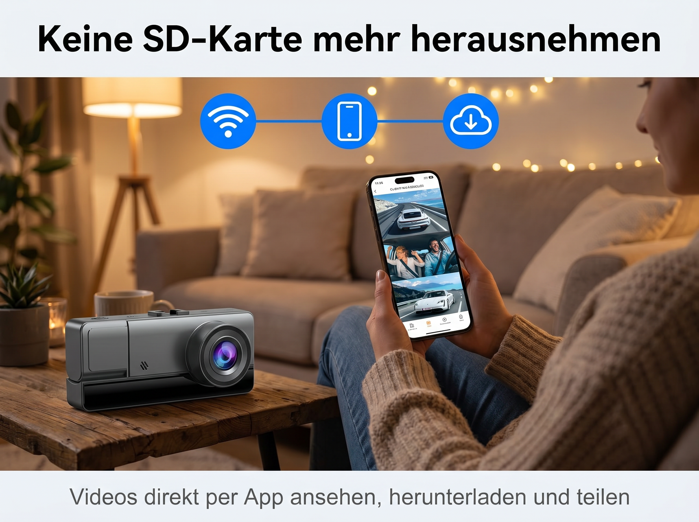 Überwachungskamera mit Smartphone-App-Anbindung und Cloud-Download.