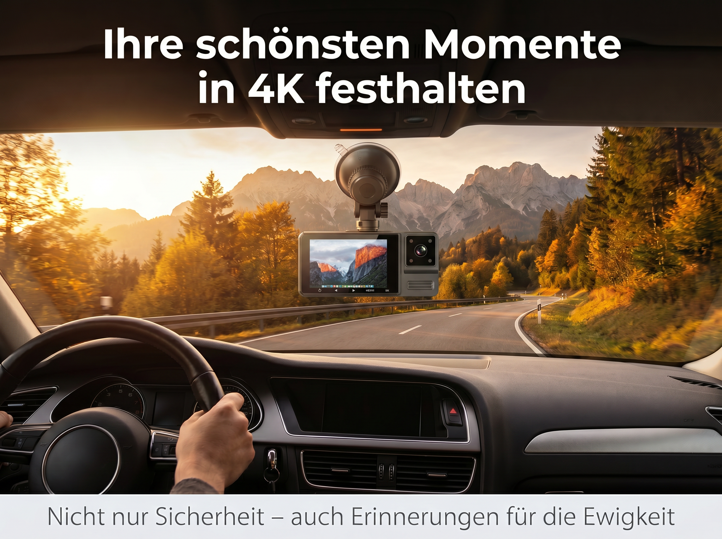 Blick aus dem Auto auf Berglandschaft mit Dashcam und Text.