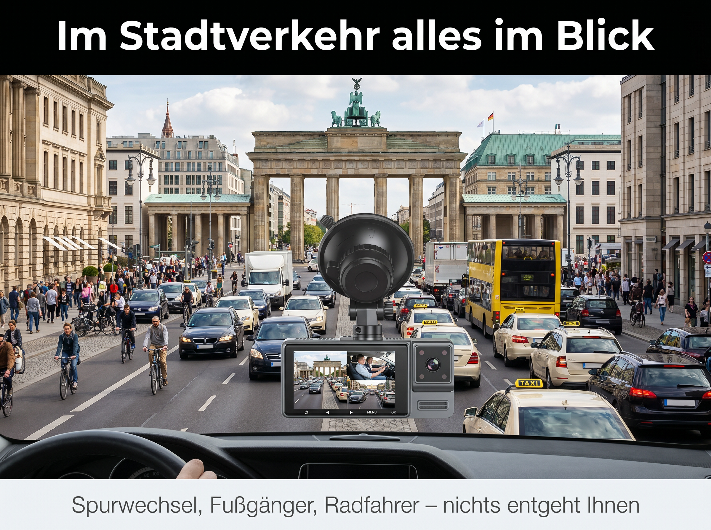 Blick aus dem Auto auf den Brandenburger Tor Verkehr mit Dashcam.