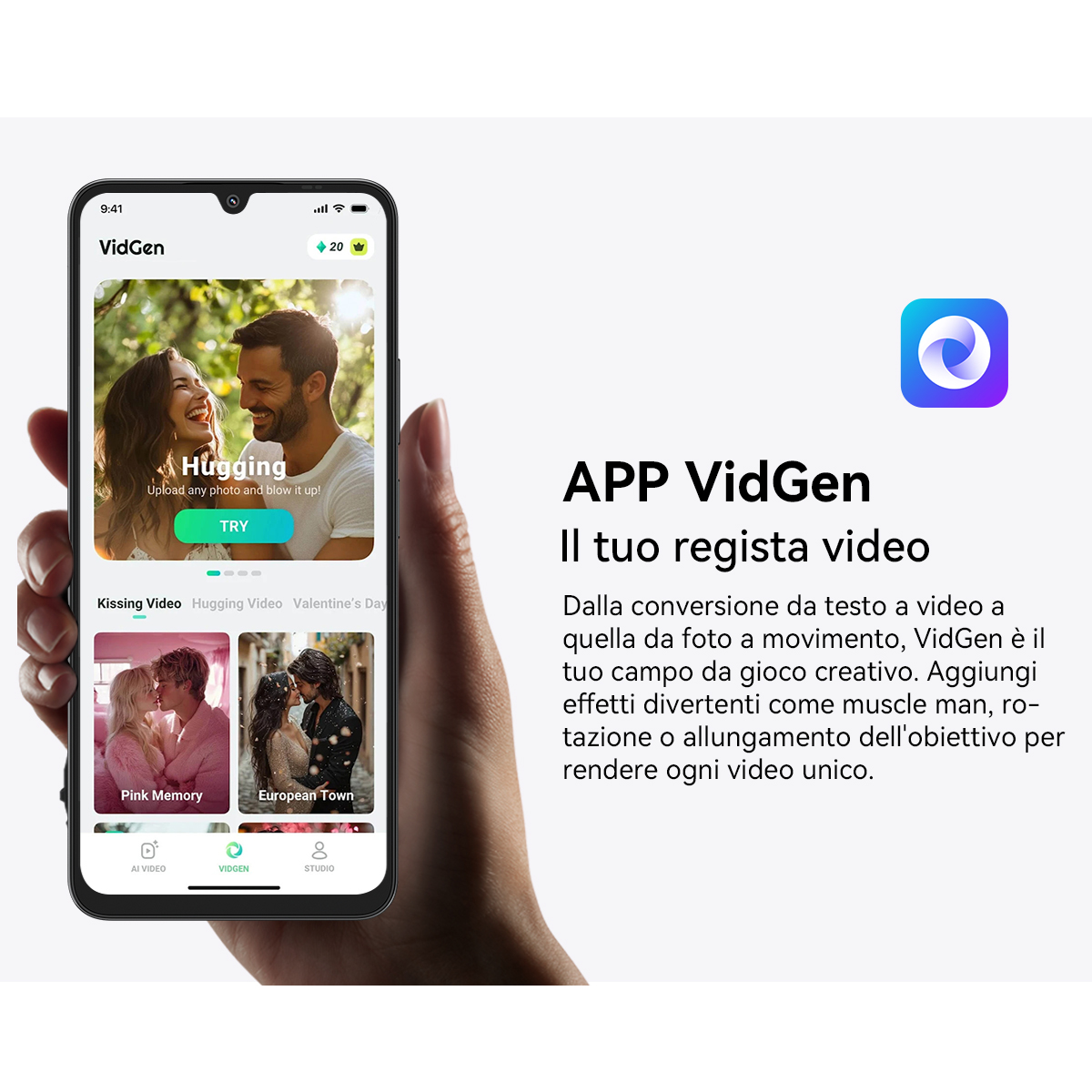 Smartphone mostra app VidGen con opzioni di creazione video ed esempi.