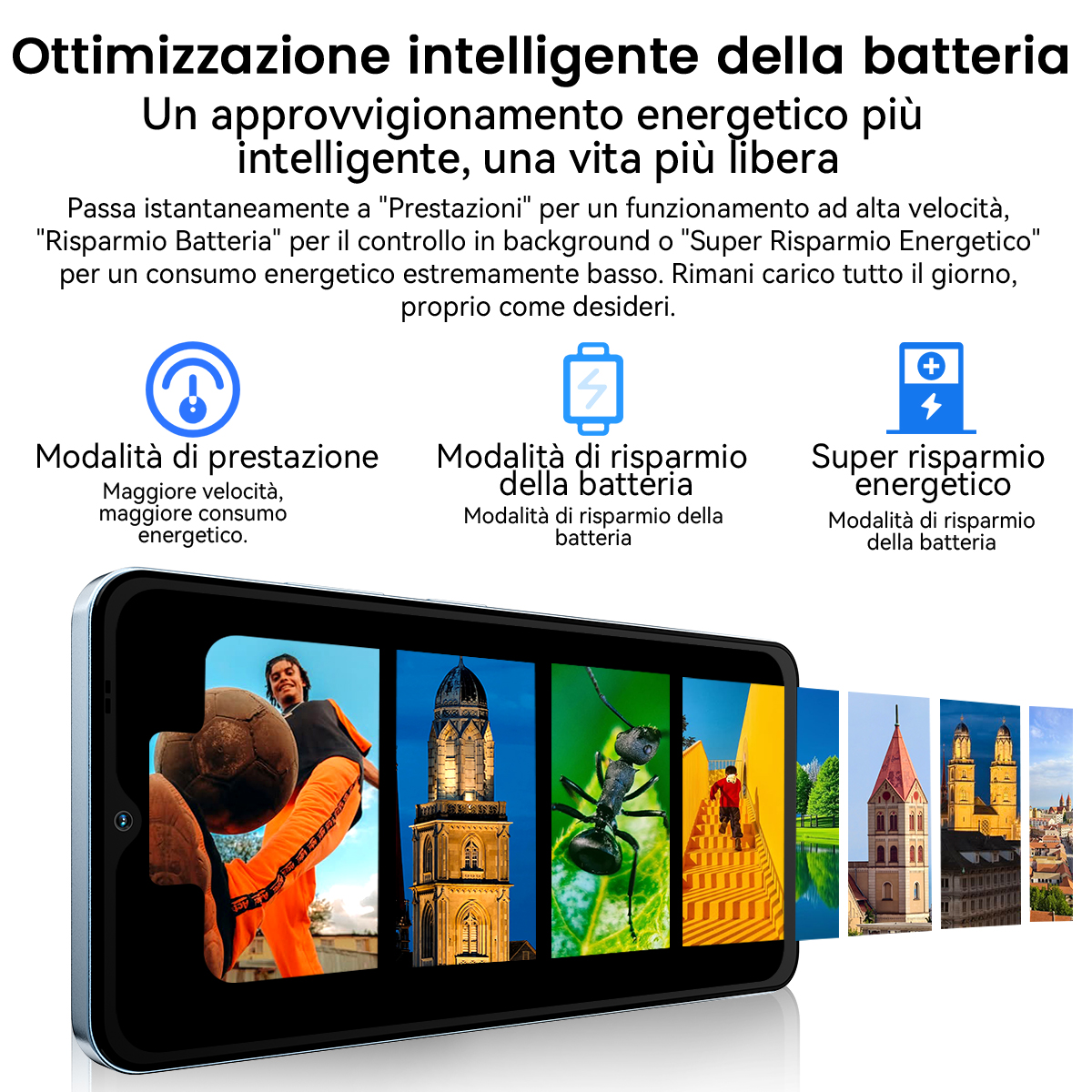 Smartphone mostra modalità batteria: Prestazioni, Risparmio Batteria, Super Risparmio Energetico.