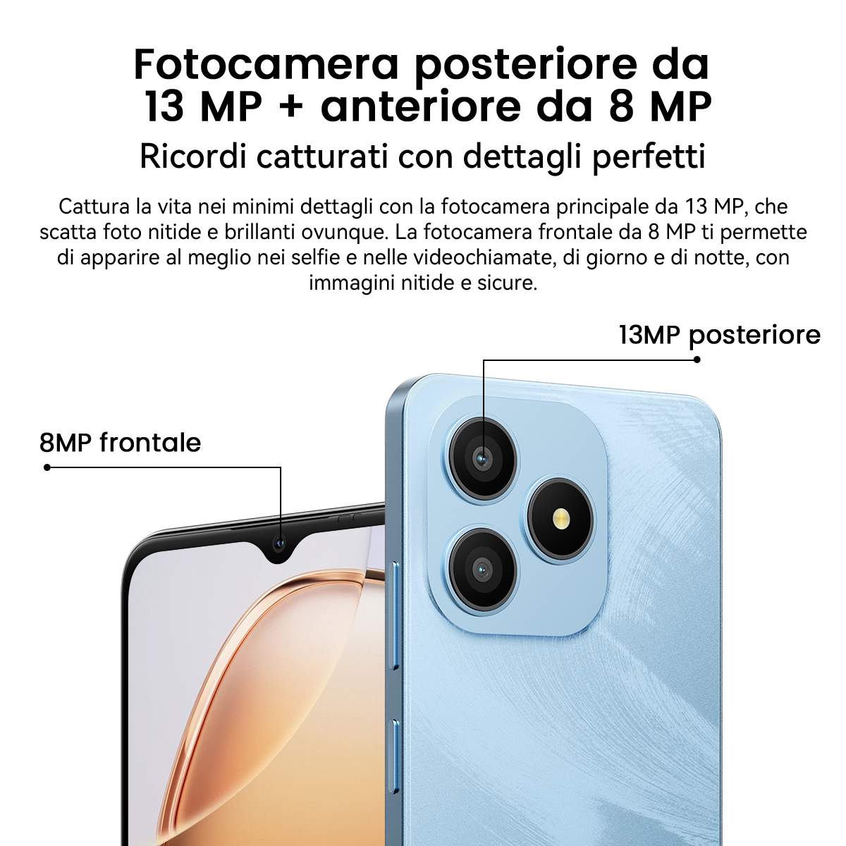 Uno smartphone blu con 3 fotocamere posteriori e 1 anteriore. 13MP posteriori, 8MP anteriori.
