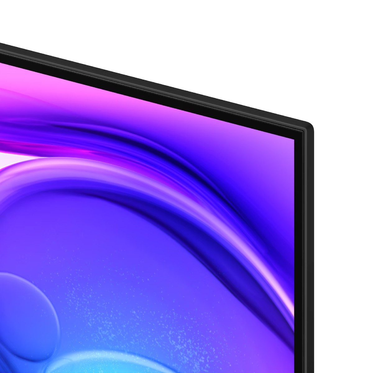 Un primer plano de una pantalla negra con un patrón abstracto morado y azul.