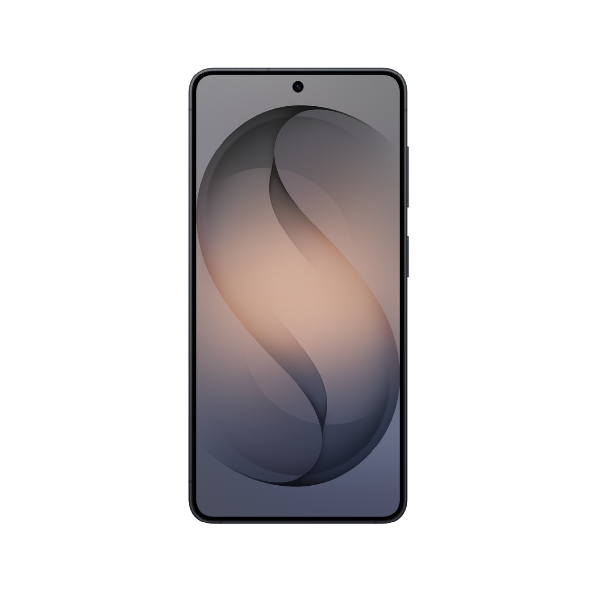 Czarny smartfon z abstrakcyjną szaro-beżową tapetą.