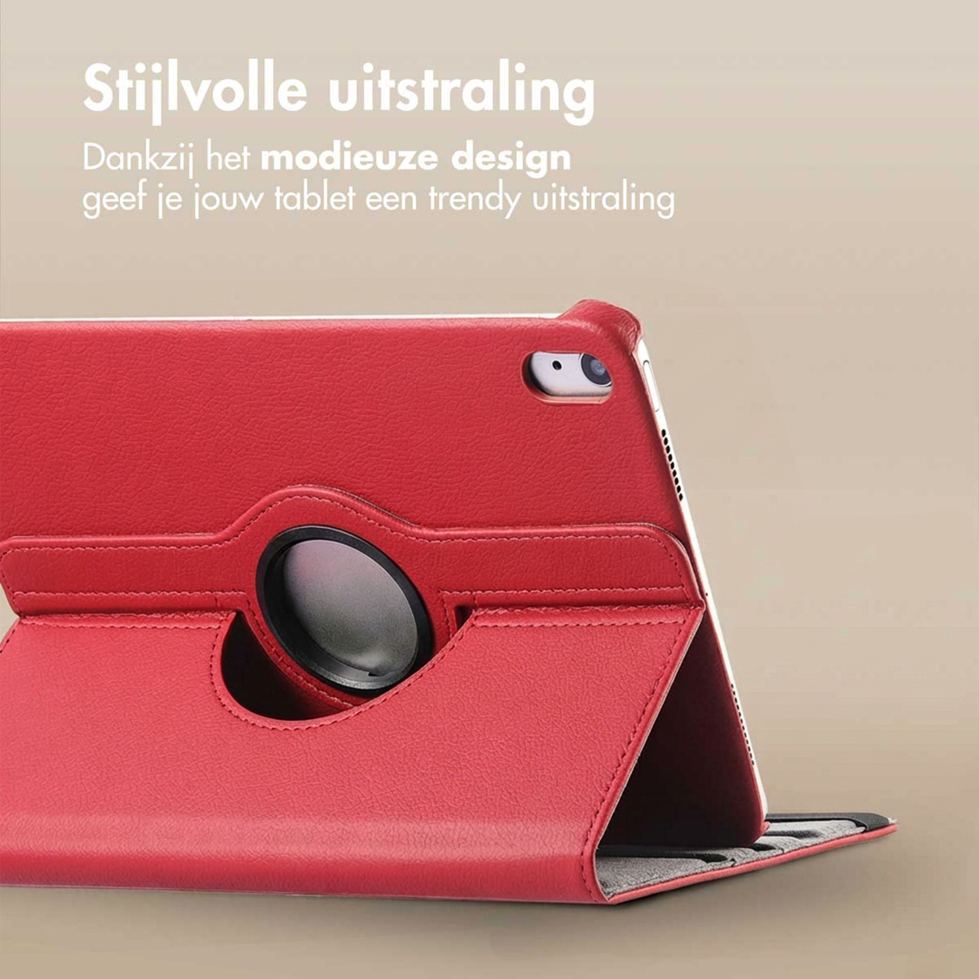 Red tablet case with swivel function and stand.