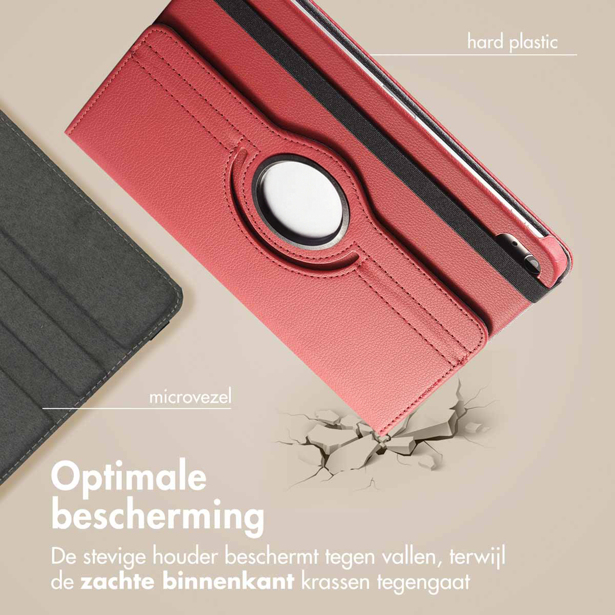 Red tablet cover with hard plastic exterior and microfiber interior.
